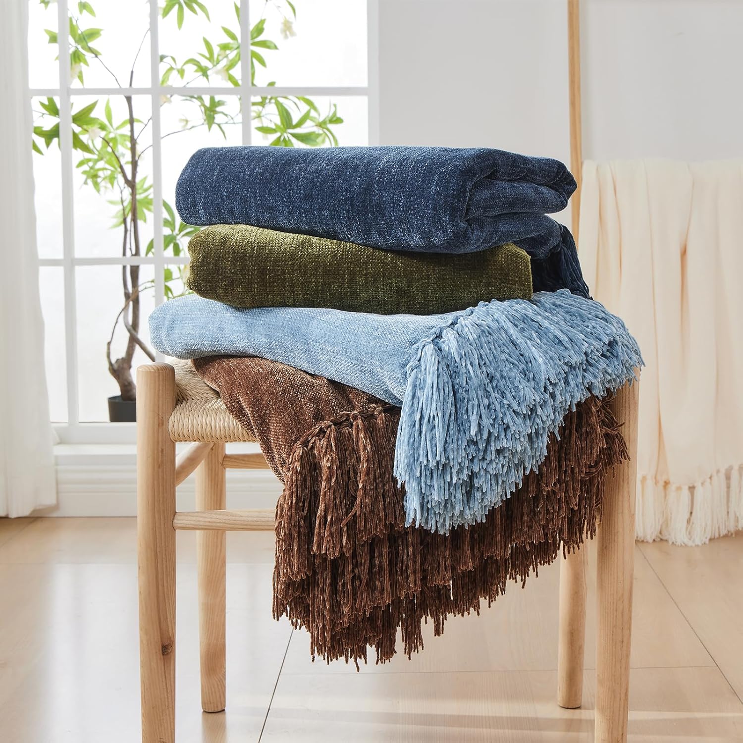 Chenille Boho Beige Throw Pillow — 50" - View 7
