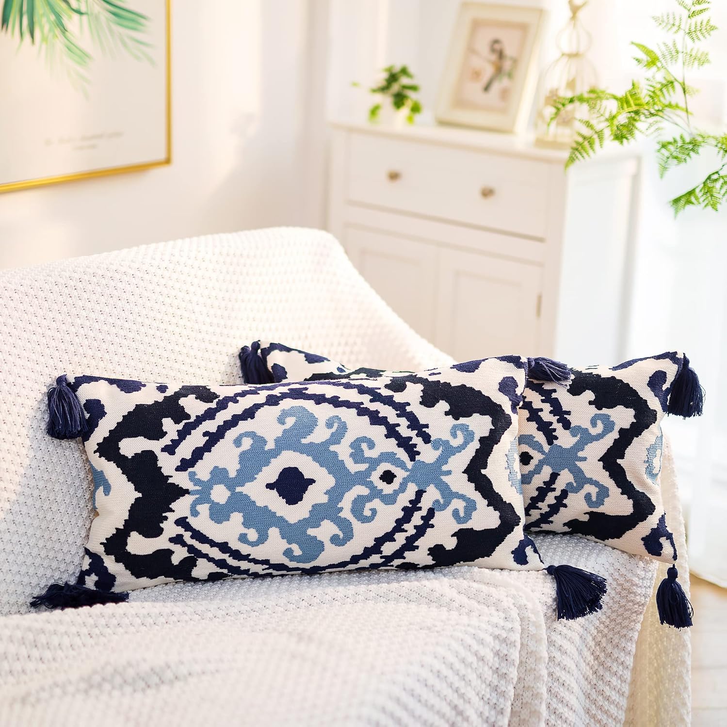 Embroidered Boho Blue Throw Pillow Cover — 18" — Blue Tassels