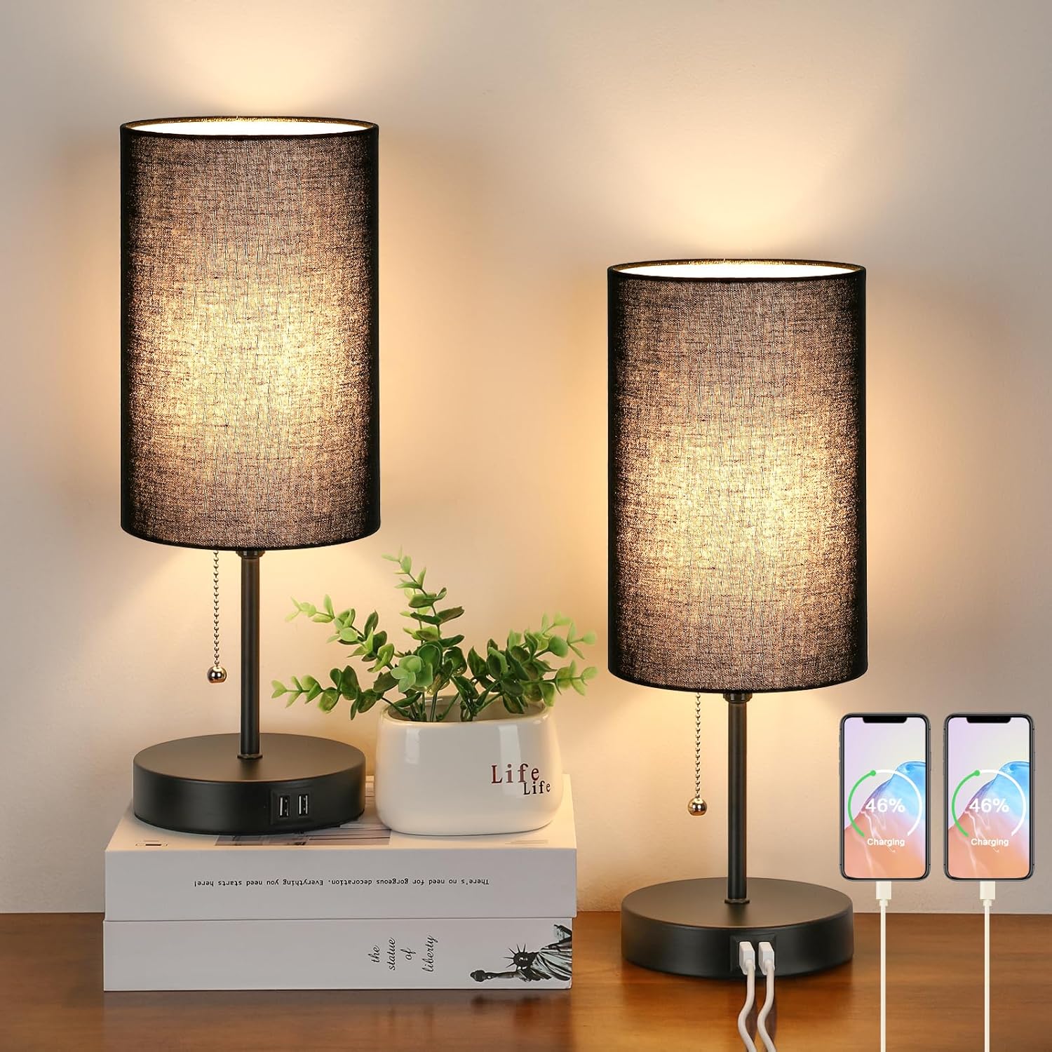 USB Modern Beige Desk Lamp — Set of 2 — Black