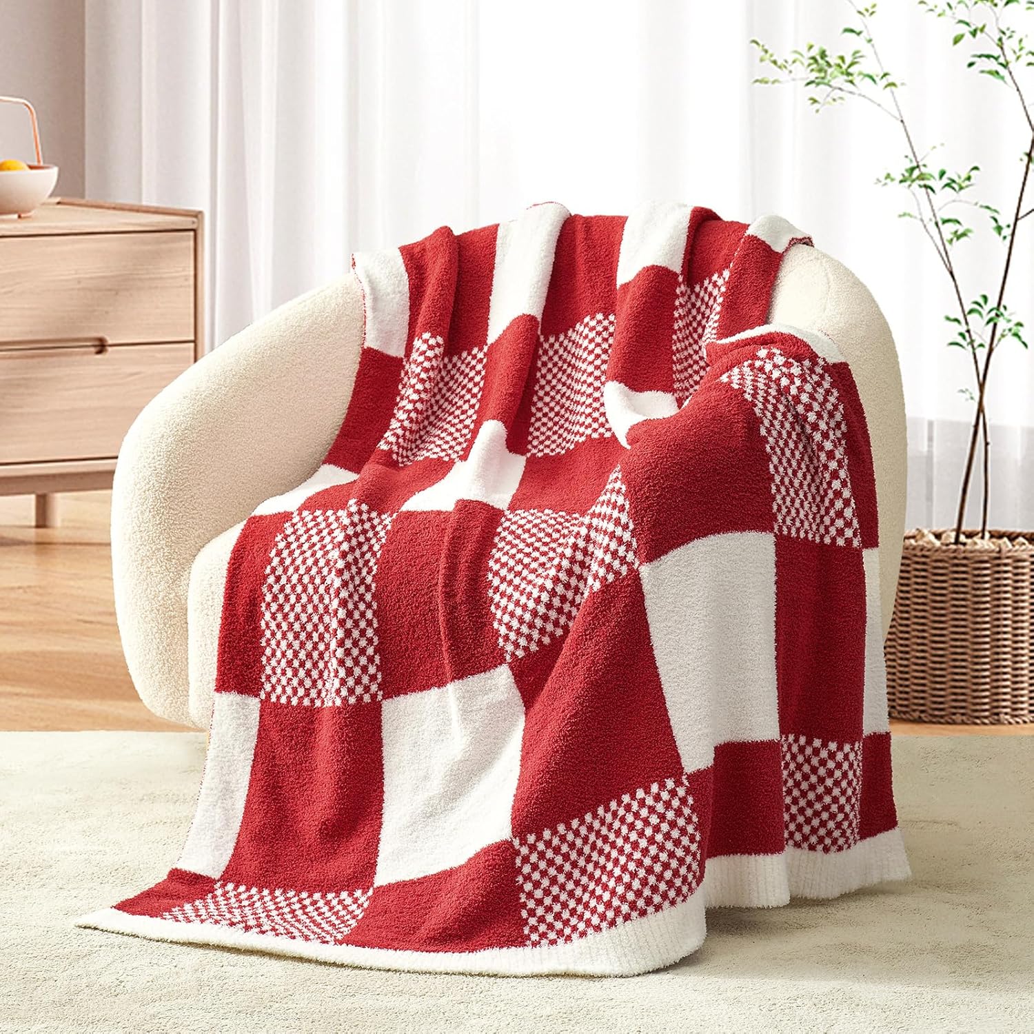 Beige Throw Pillow — 50" — Checker Red White