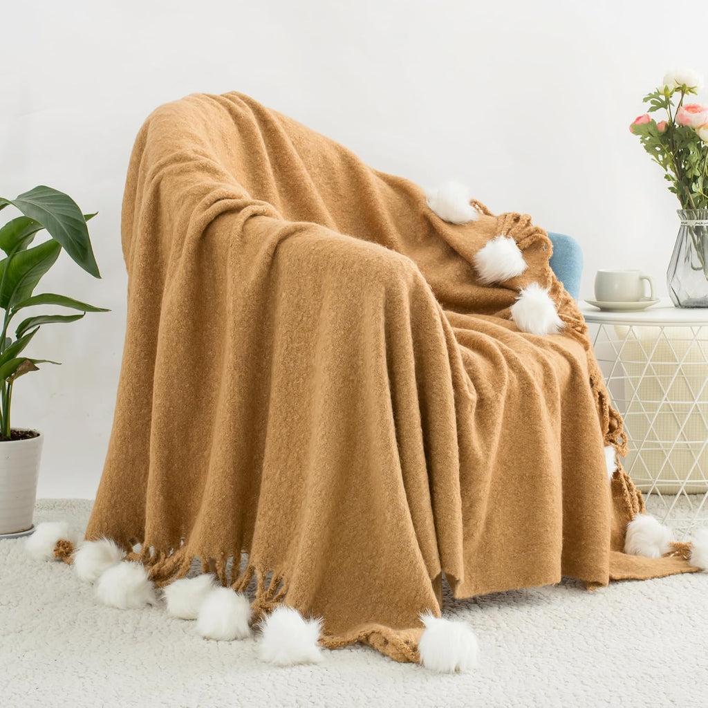 Pom Pom Farmhouse Blue Throw Pillow — 60" — Pom-camel