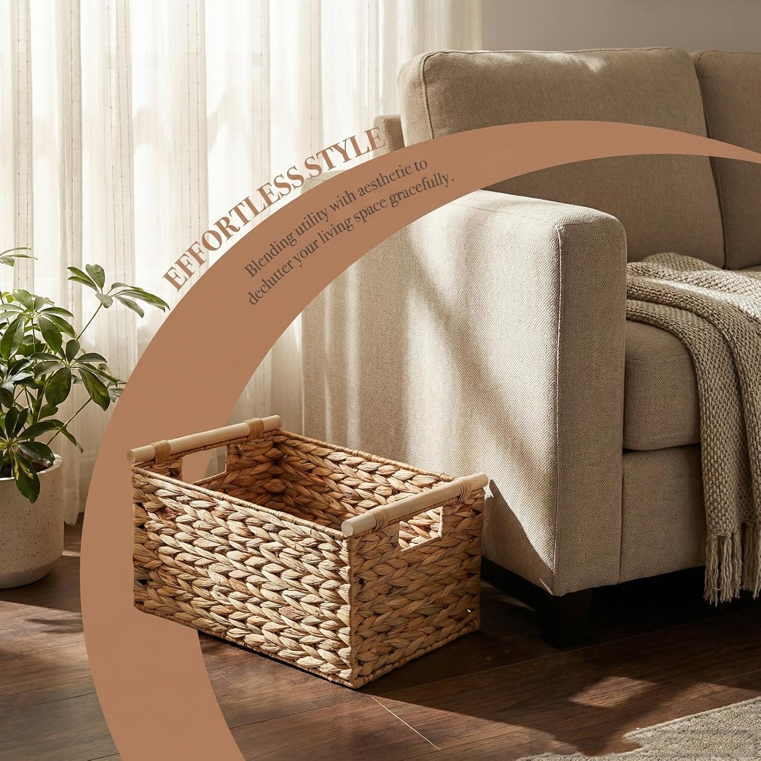 Rectangular Boho Wood Woven Basket - View 4