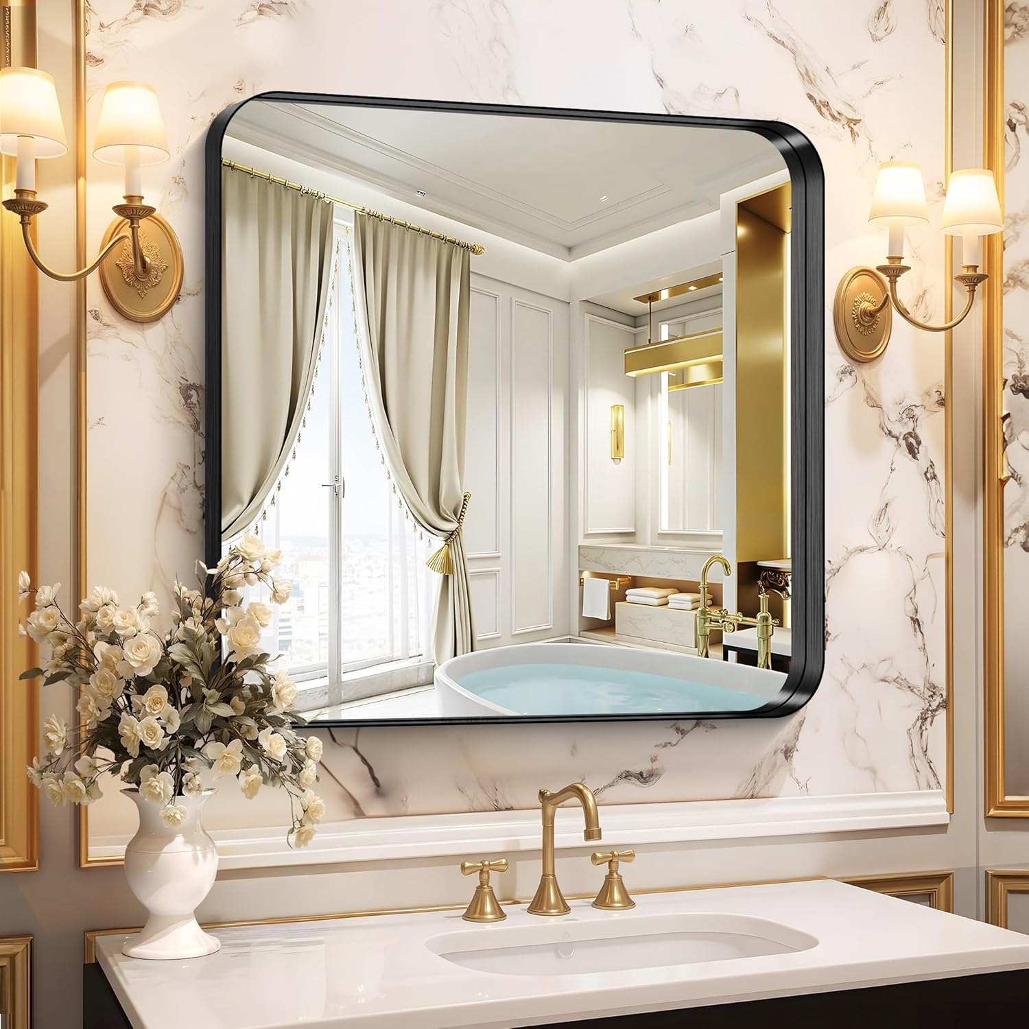 Rectangular Luxe Black Mirror — 30" — Rounded Corner Black
