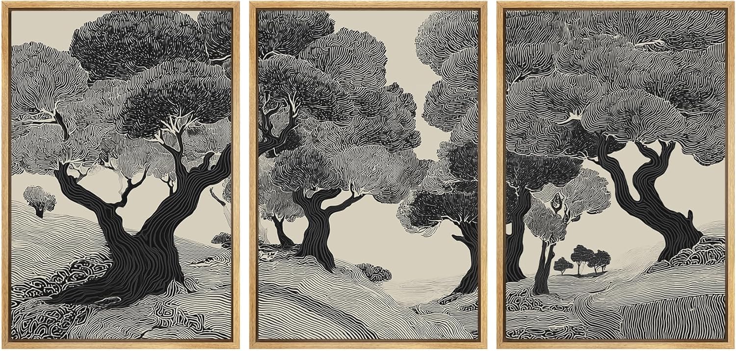 Framed Modern Fabric Wall Art — 24" — 24"x36"x3 Panels Natural