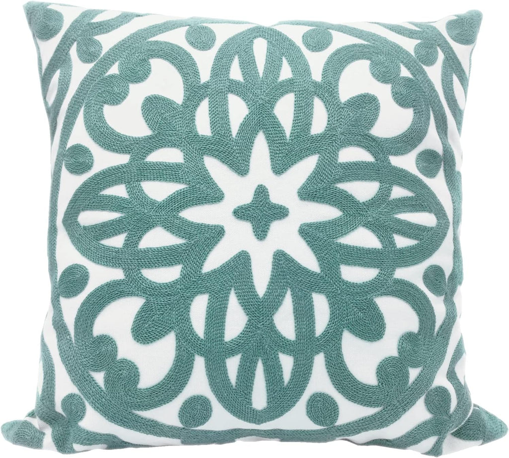 Embroidered Boho Beige Throw Pillow Cover — 12" — Aqua Blue