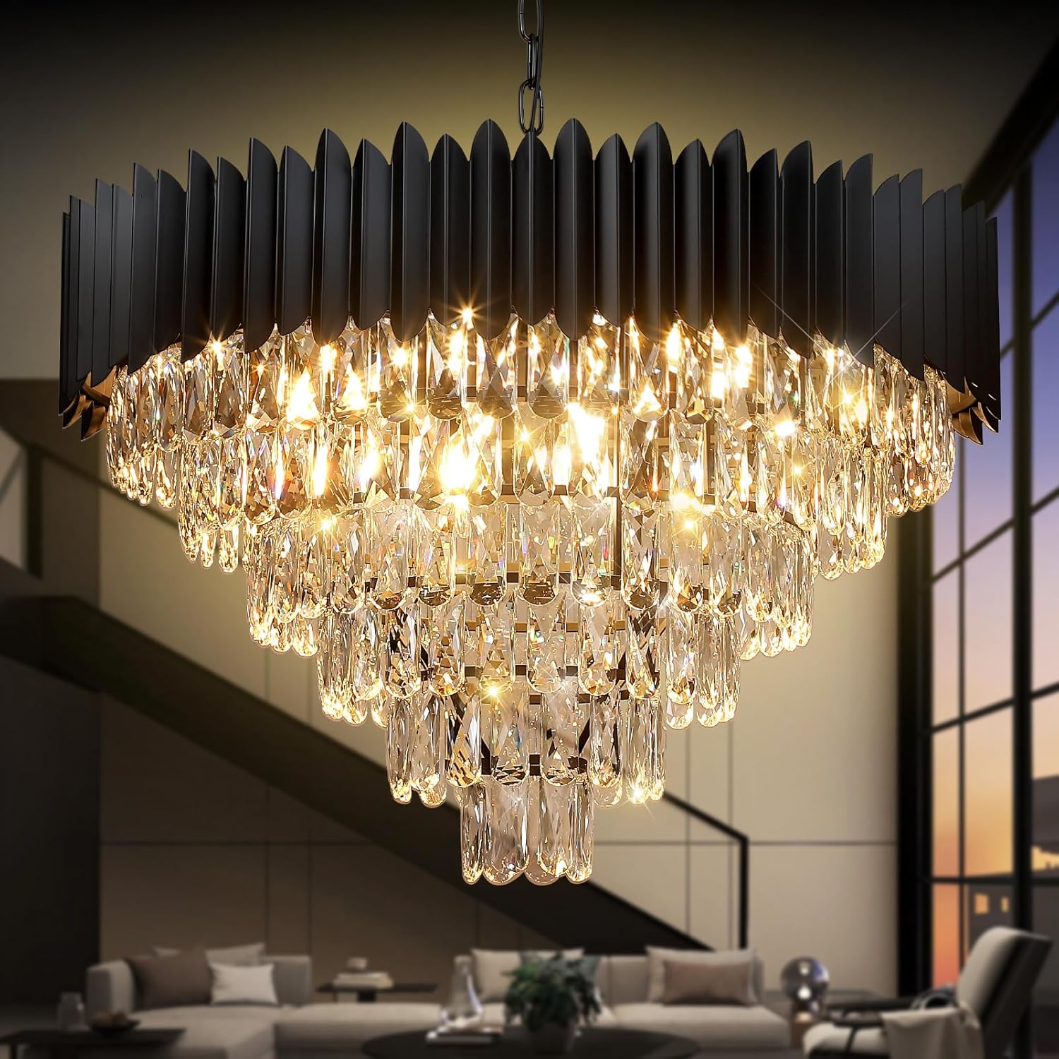 Round Luxe Black Chandelier — 30" — Black & clear crystals