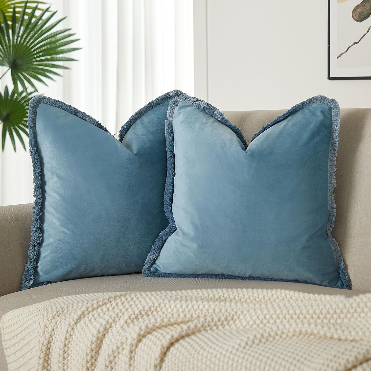 Velvet Boho Beige Throw Pillow Cover — 26" — Aqua