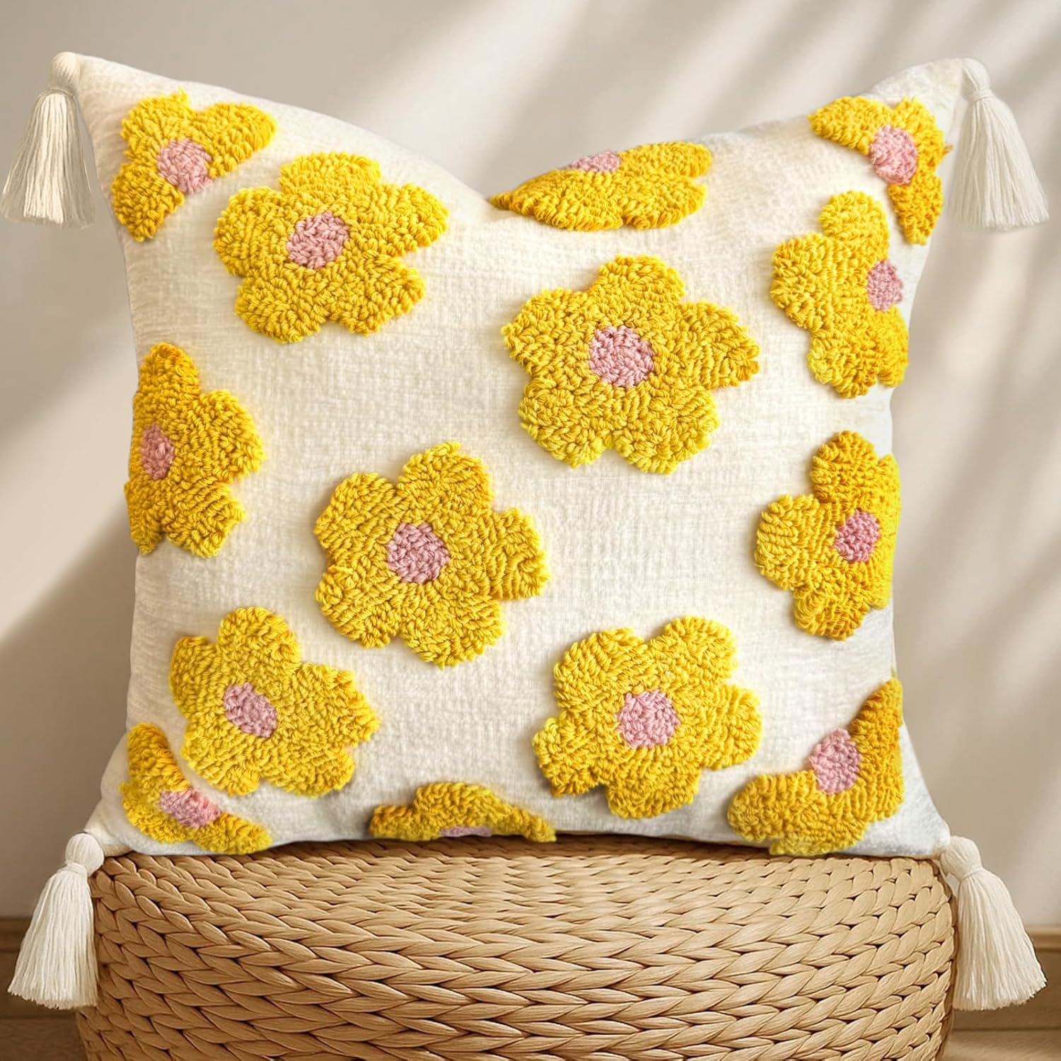 Tufted Boho Beige Throw Pillow Cover — 18" — Yellow Flower