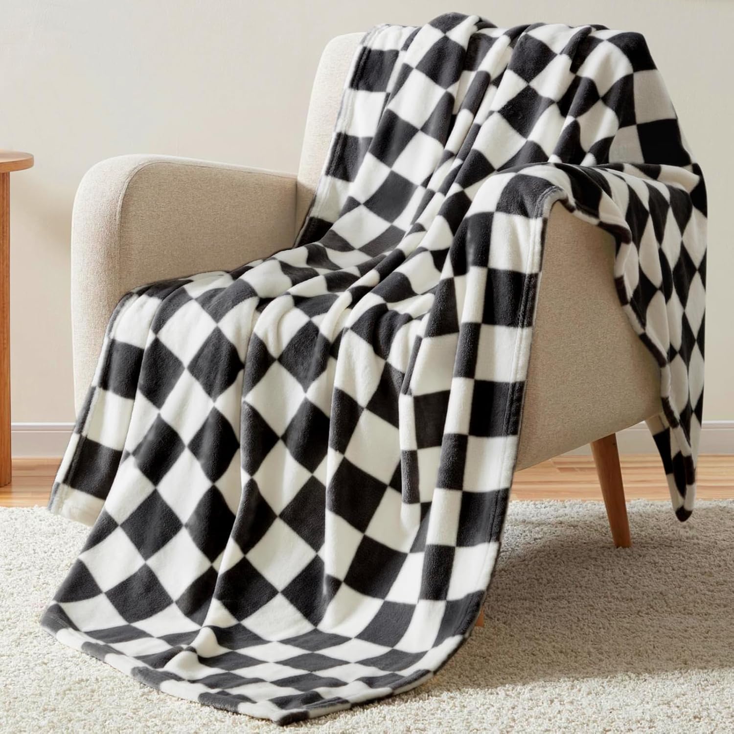 Beige Throw Pillow — 60" — Checkered Black