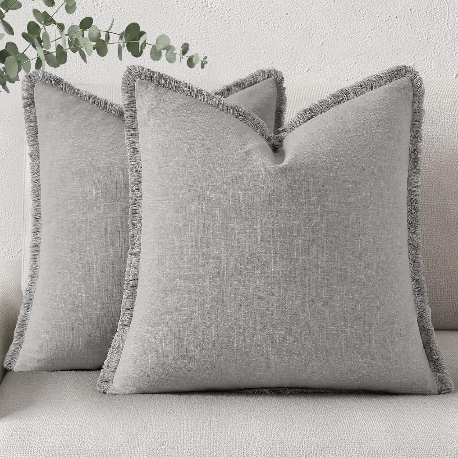 Linen Boho Beige Throw Pillow Cover — 18" — Light Grey