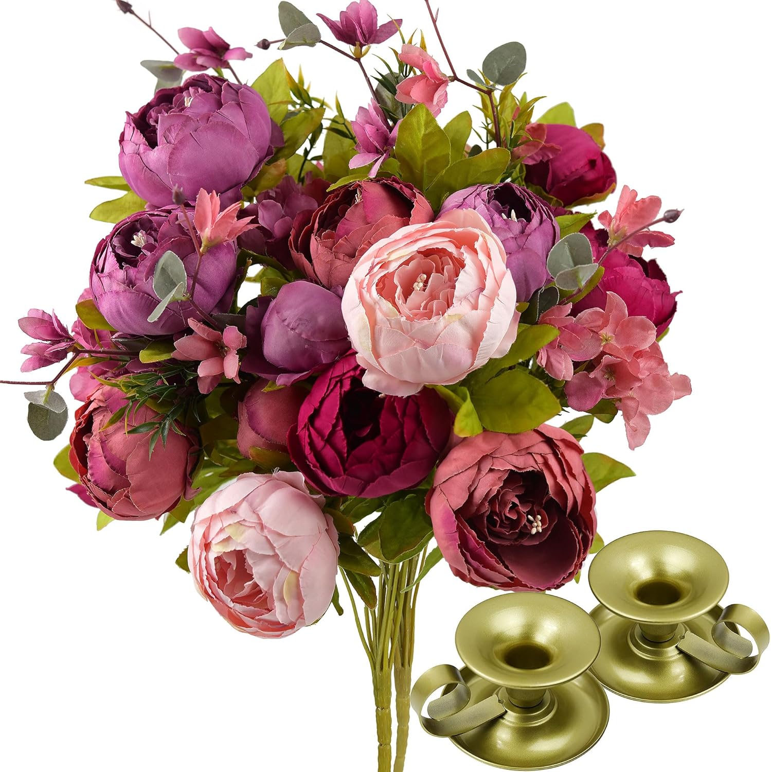 Vintage Blue Artificial Plant — Mystic Blush (Bashful Pinkish Violet Red) With 2 Gold Taper Candleholders