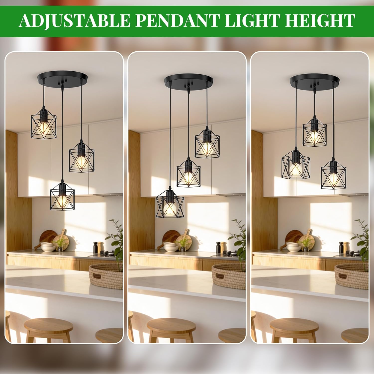 Adjustable Farmhouse Beige Pendant Light — 3-Light - View 3