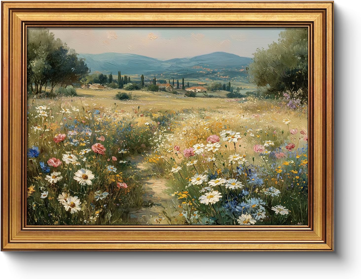 Framed Farmhouse Blue Wall Art — 16" — Flower Path