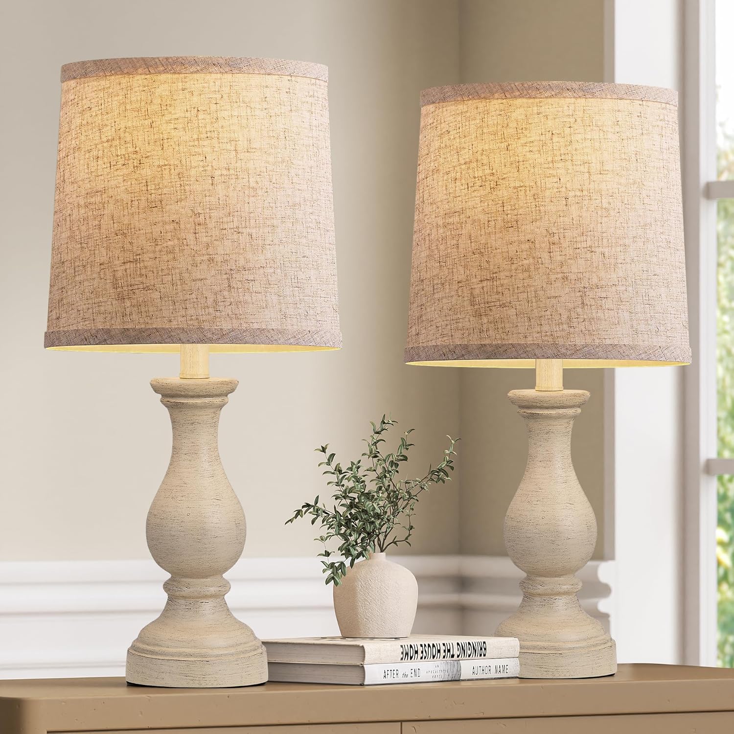 Linen Boho Black Bedside Lamp — 22" — B. Antique White
