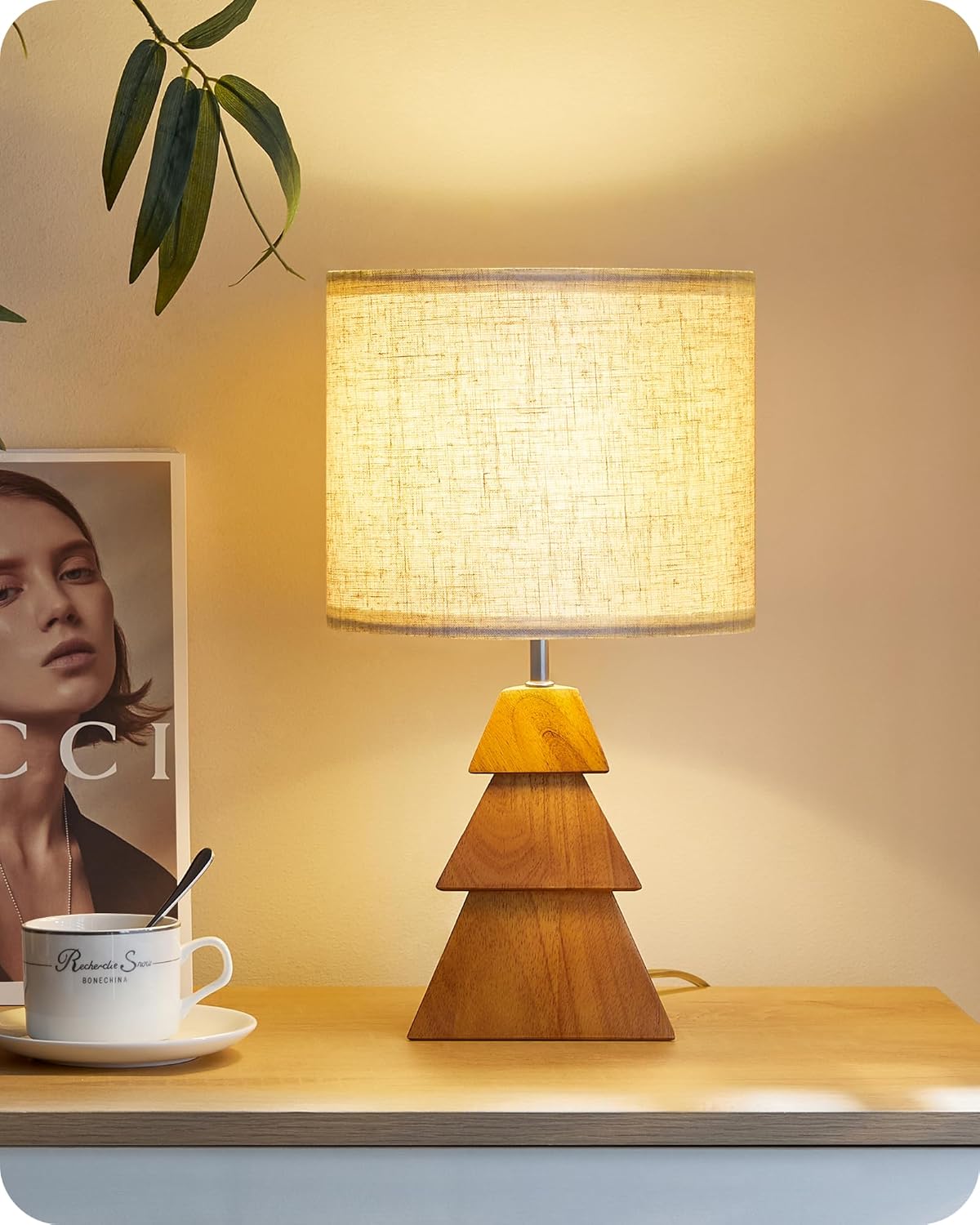 Linen Modern Beige Bedside Lamp — 6" — Beige+Pearwood Tree Shaped