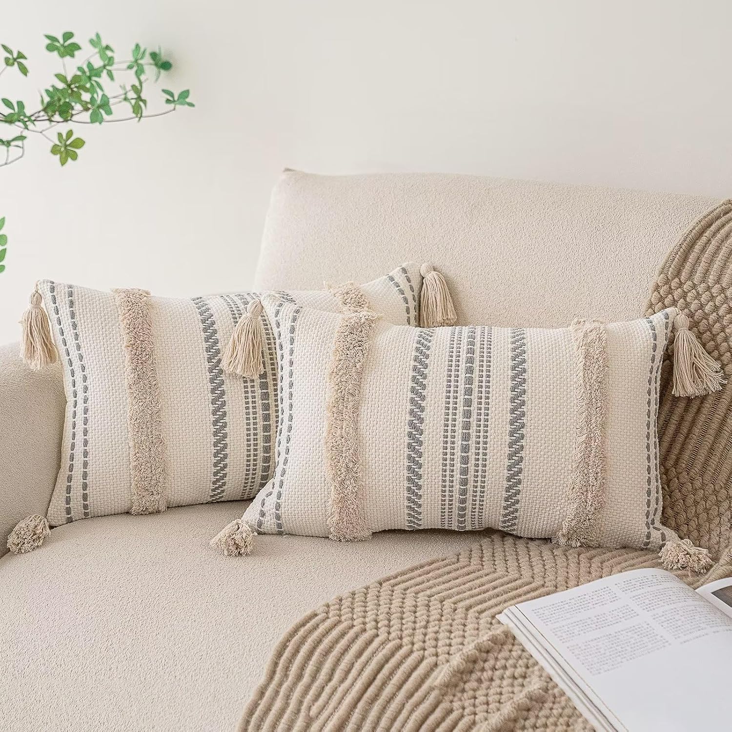 Tufted Boho Beige Throw Pillow Cover — 18" — Khaki
