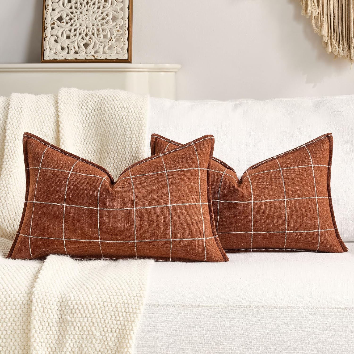 Linen Boho Beige Throw Pillow Cover — 20" — Terracotta Lumbar Plaid Set of 2