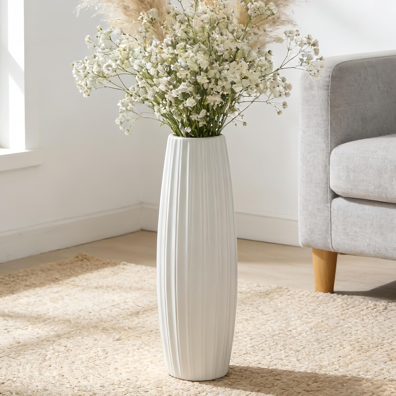 Farmhouse Ceramic Flower Vase — 17.7" — Vertical Stripes
