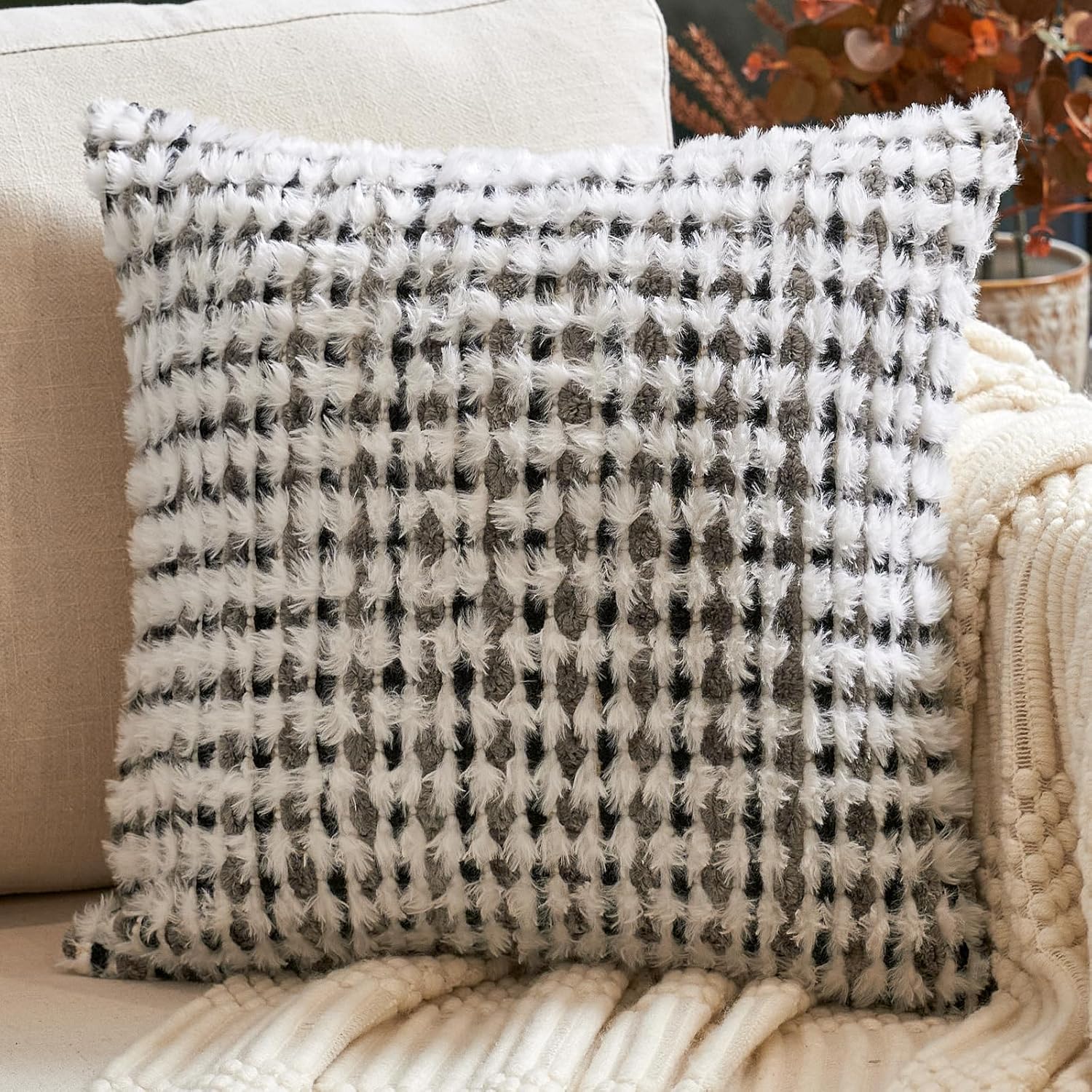 Tufted Boho Black Throw Pillow Cover — 20" — Black Gray