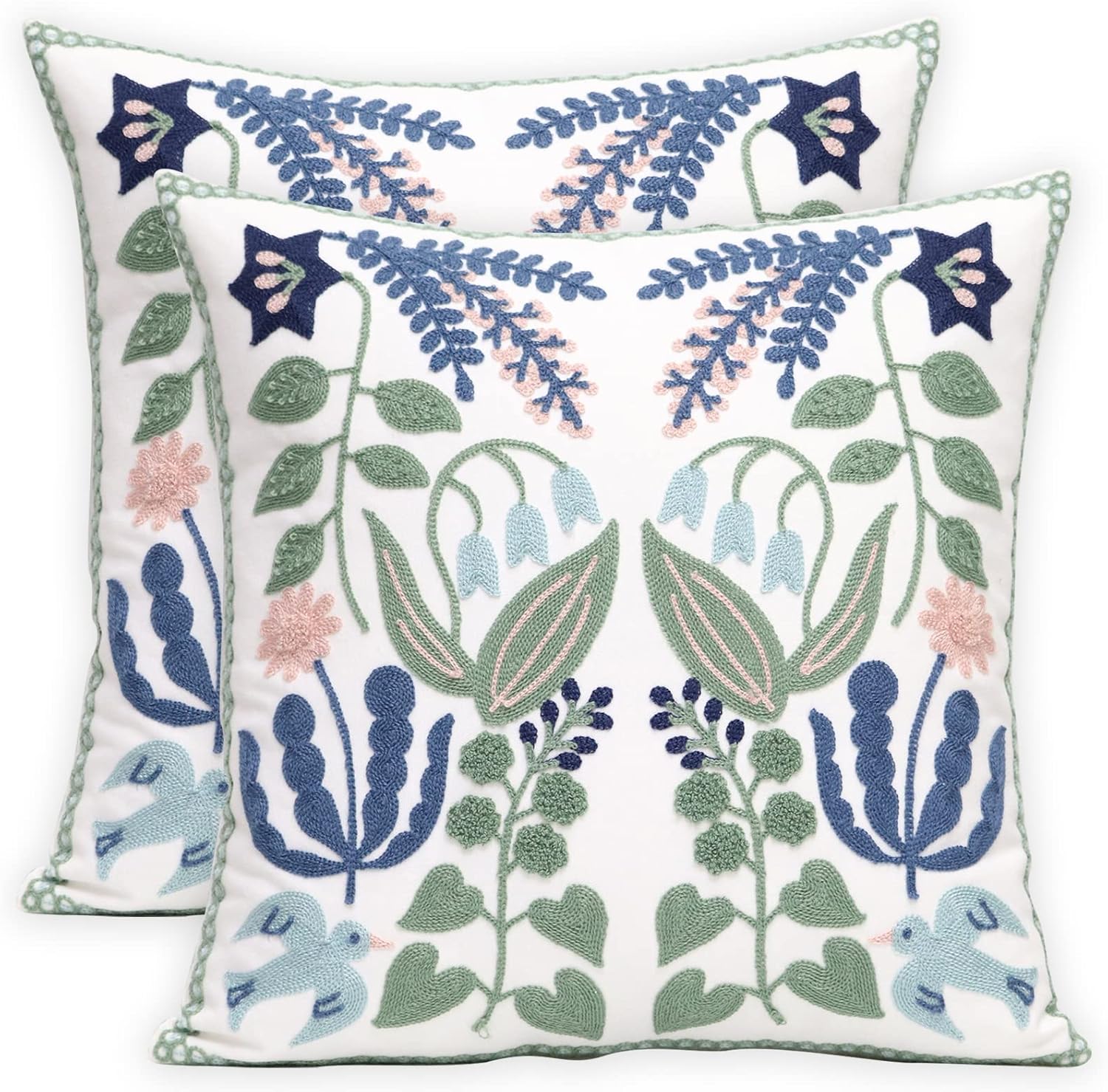 Embroidered Boho Blue Throw Pillow Cover — 18" — Bird Flower