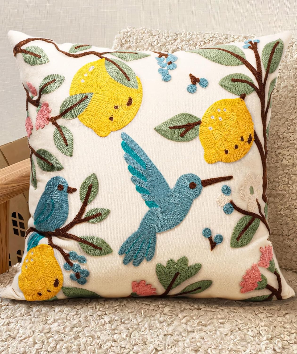 Embroidered Boho Red Throw Pillow Cover — 18" — Bird Lemon