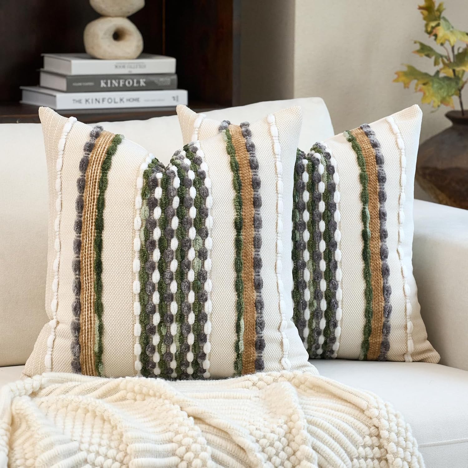 Tufted Boho Blue Throw Pillow Cover — 18" — Green