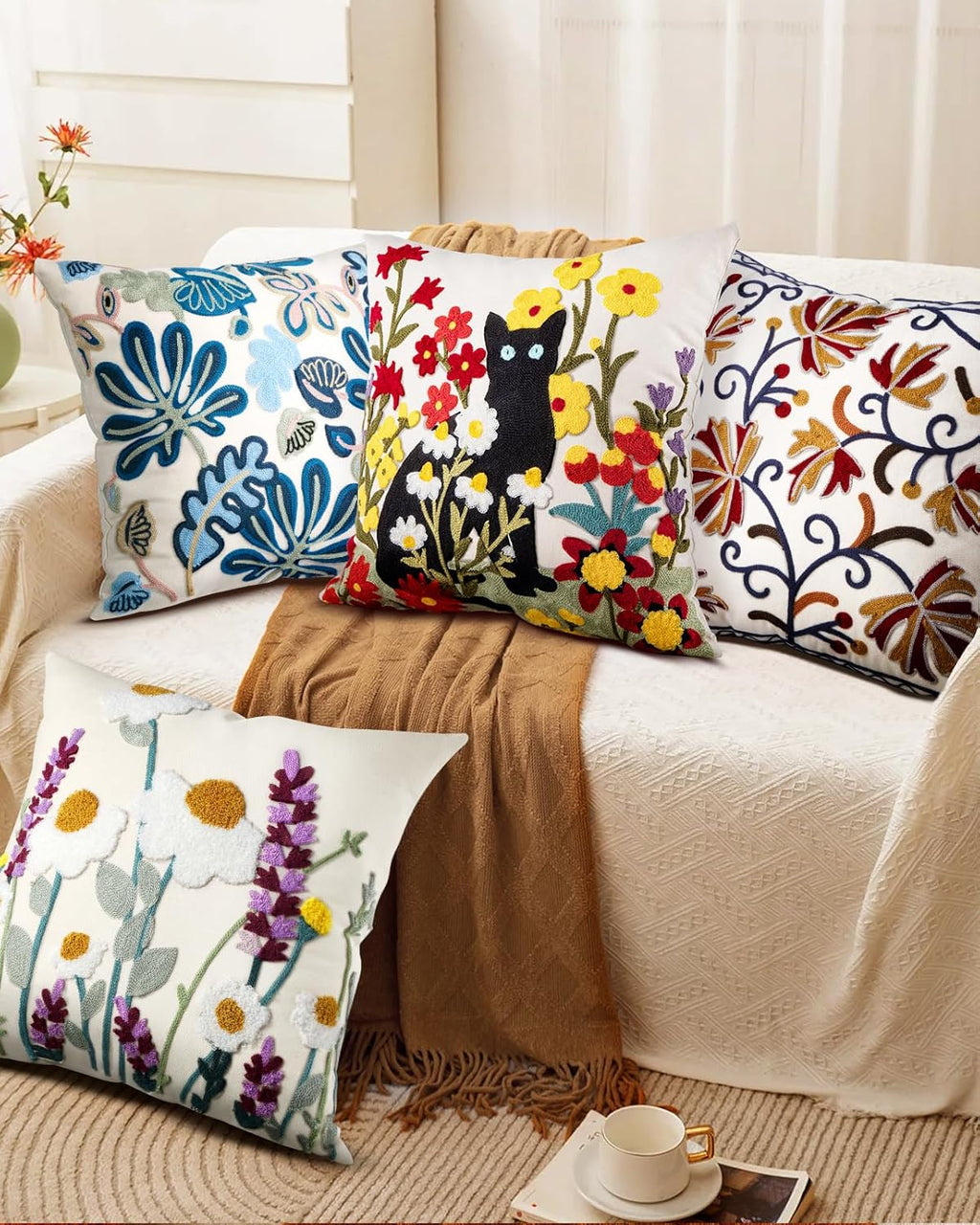 Embroidered Boho Yellow Throw Pillow Cover — 18" - View 6