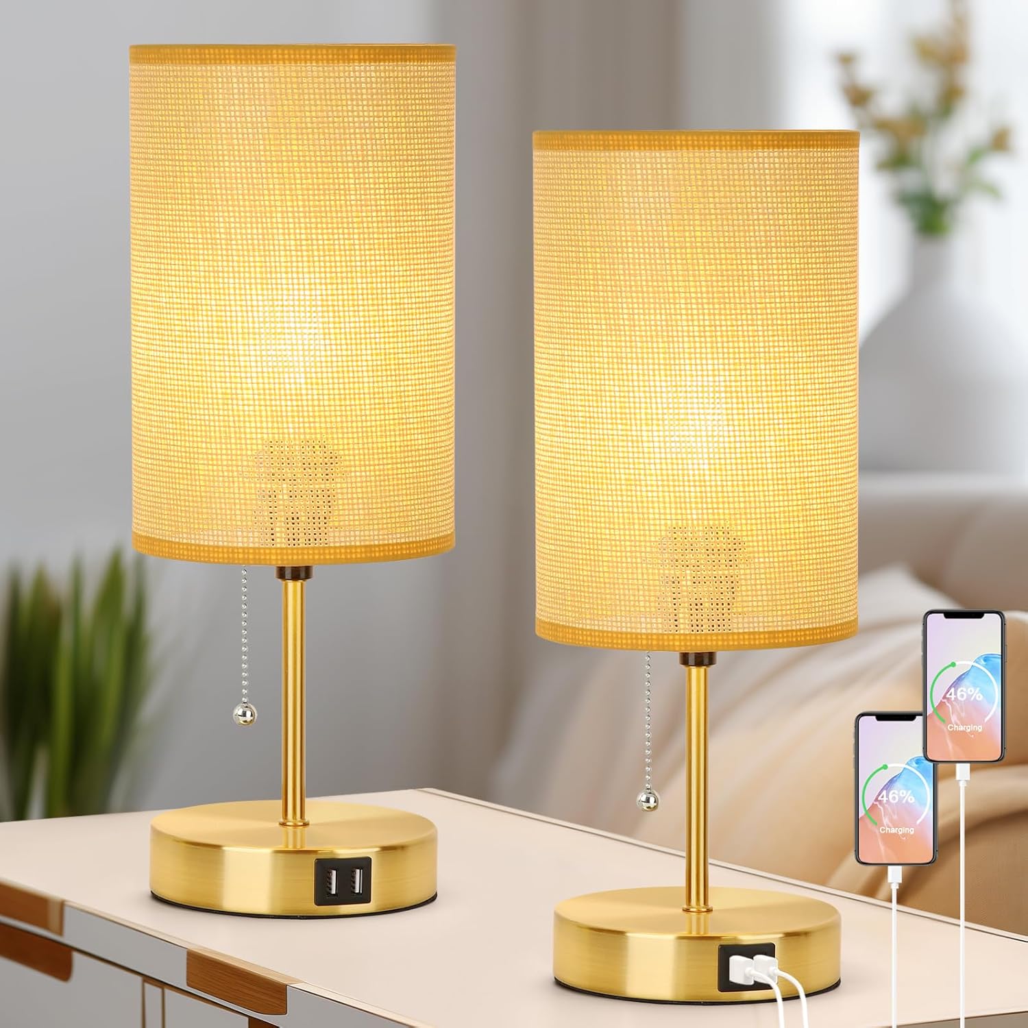 USB Modern Beige Desk Lamp — Set of 2 — Gold