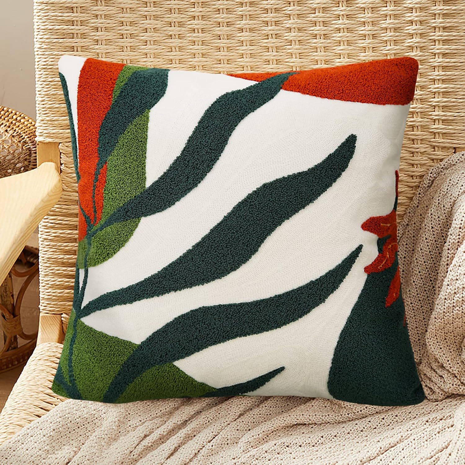 Tufted Boho Green Throw Pillow Cover — 20" — Boho-abstract Plant a