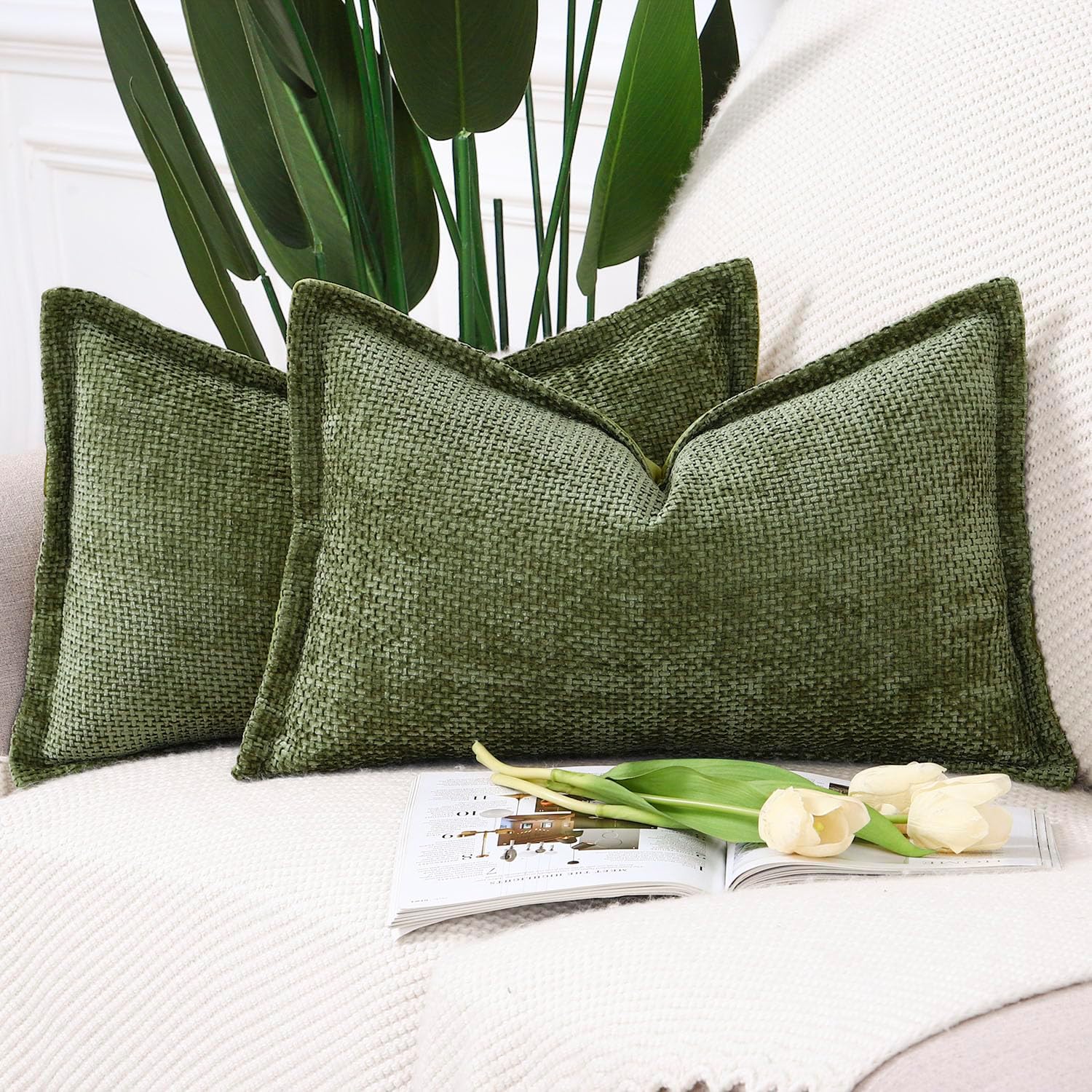 Velvet Boho Beige Throw Pillow Cover — 18" — Moss Green