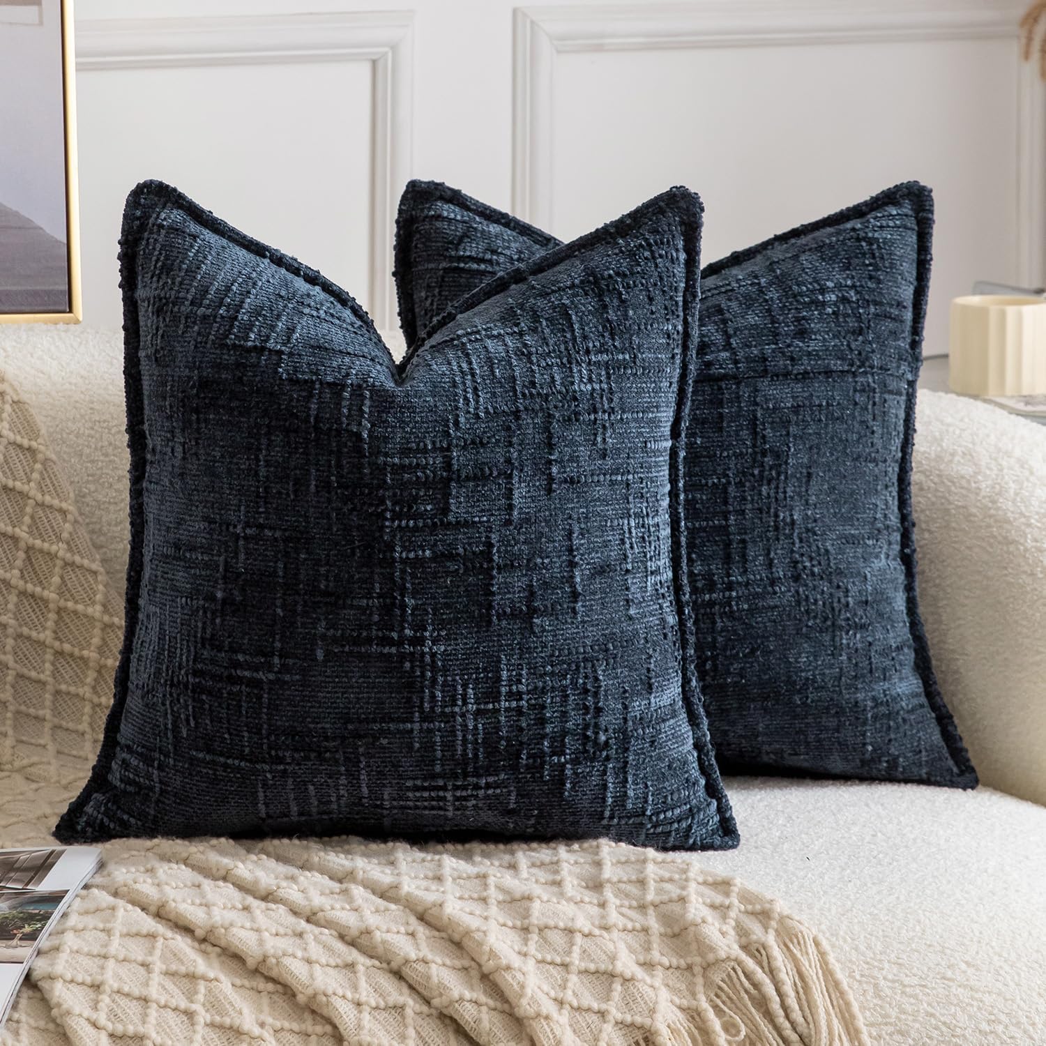 Chenille Boho Beige Throw Pillow Cover — 18" — Dark Blue