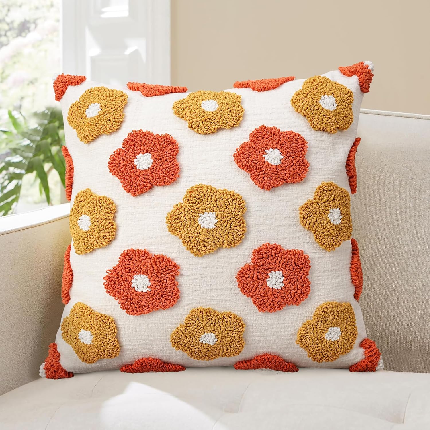 Tufted Boho Beige Throw Pillow Cover — 20" — Yellow Orange-j