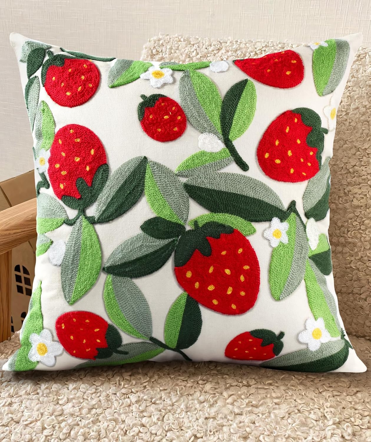 Embroidered Boho Yellow Throw Pillow Cover — 18" — Leaf Strawberry