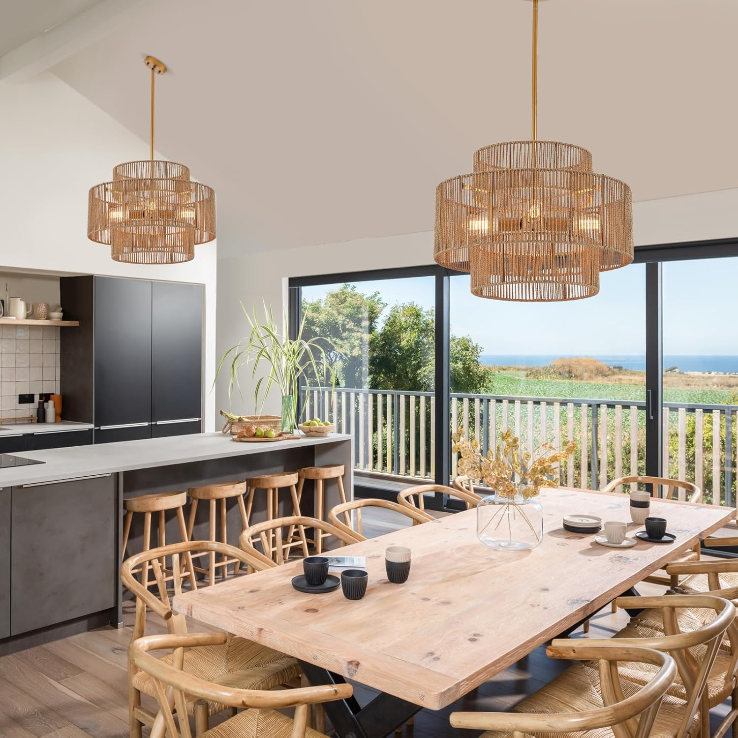 Adjustable Boho Beige Chandelier — 4-Light - View 3