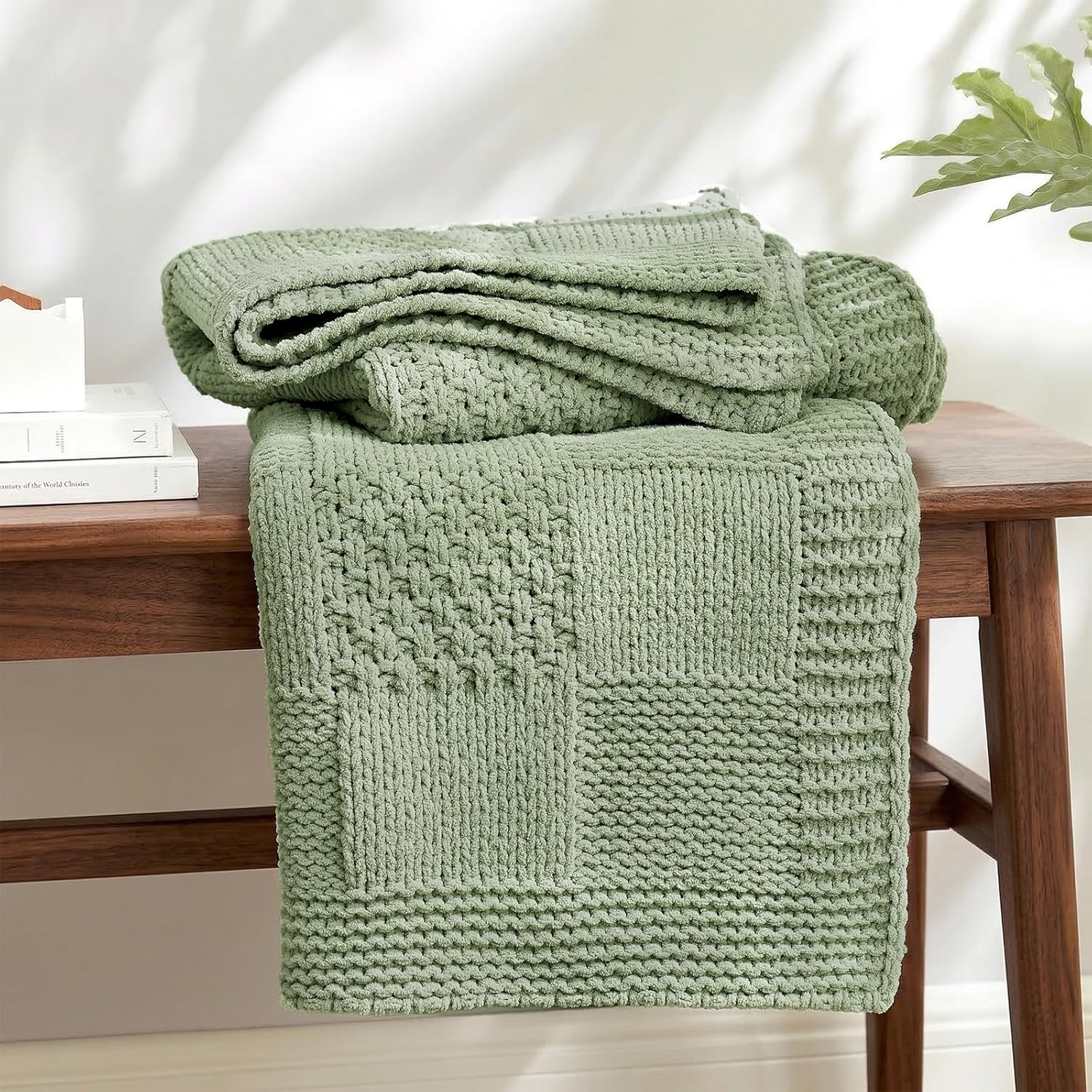 Knit Beige Throw Pillow — 50" — Checkered Sage Green