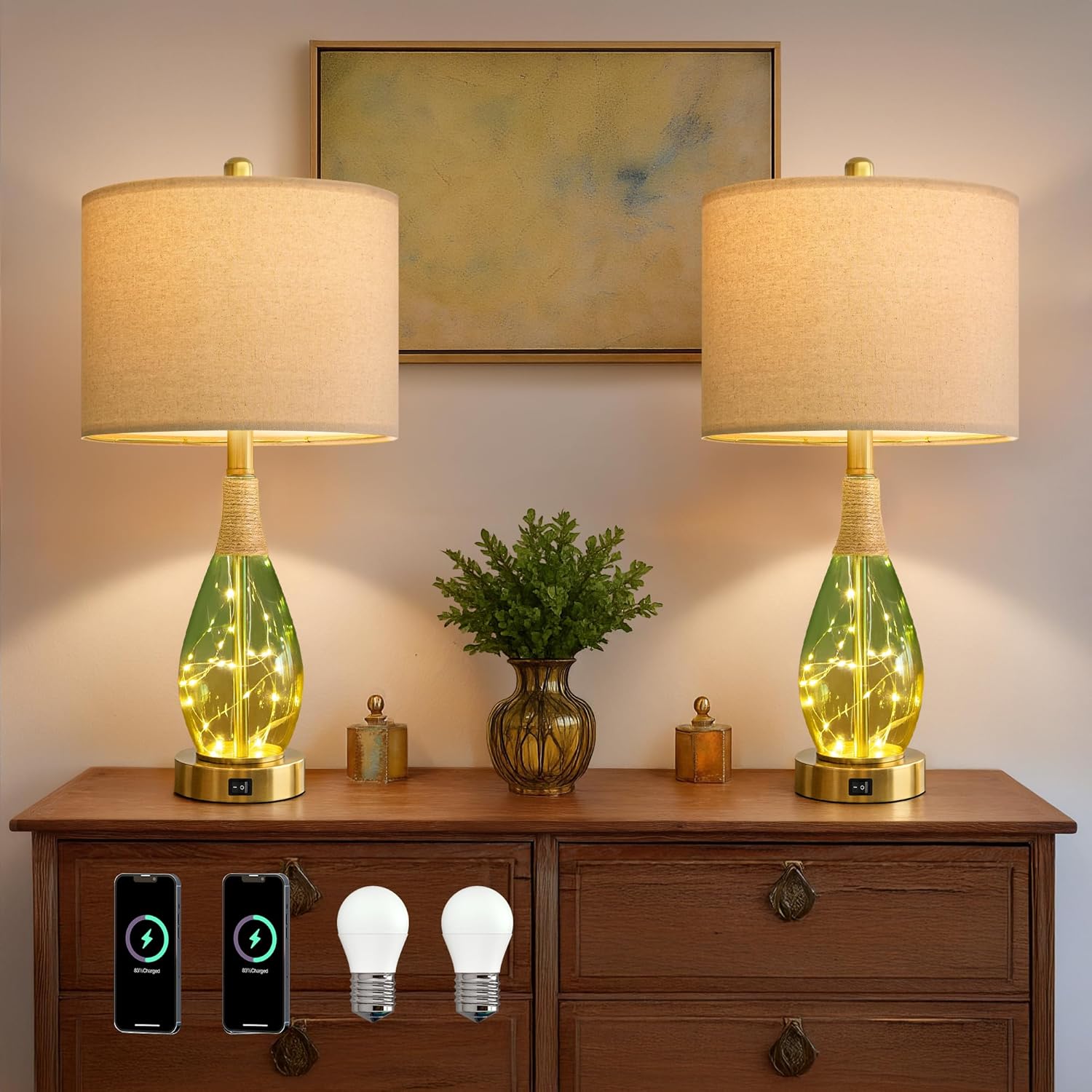 USB Boho Black Bedside Lamp — Set of 2 — Yellow Green