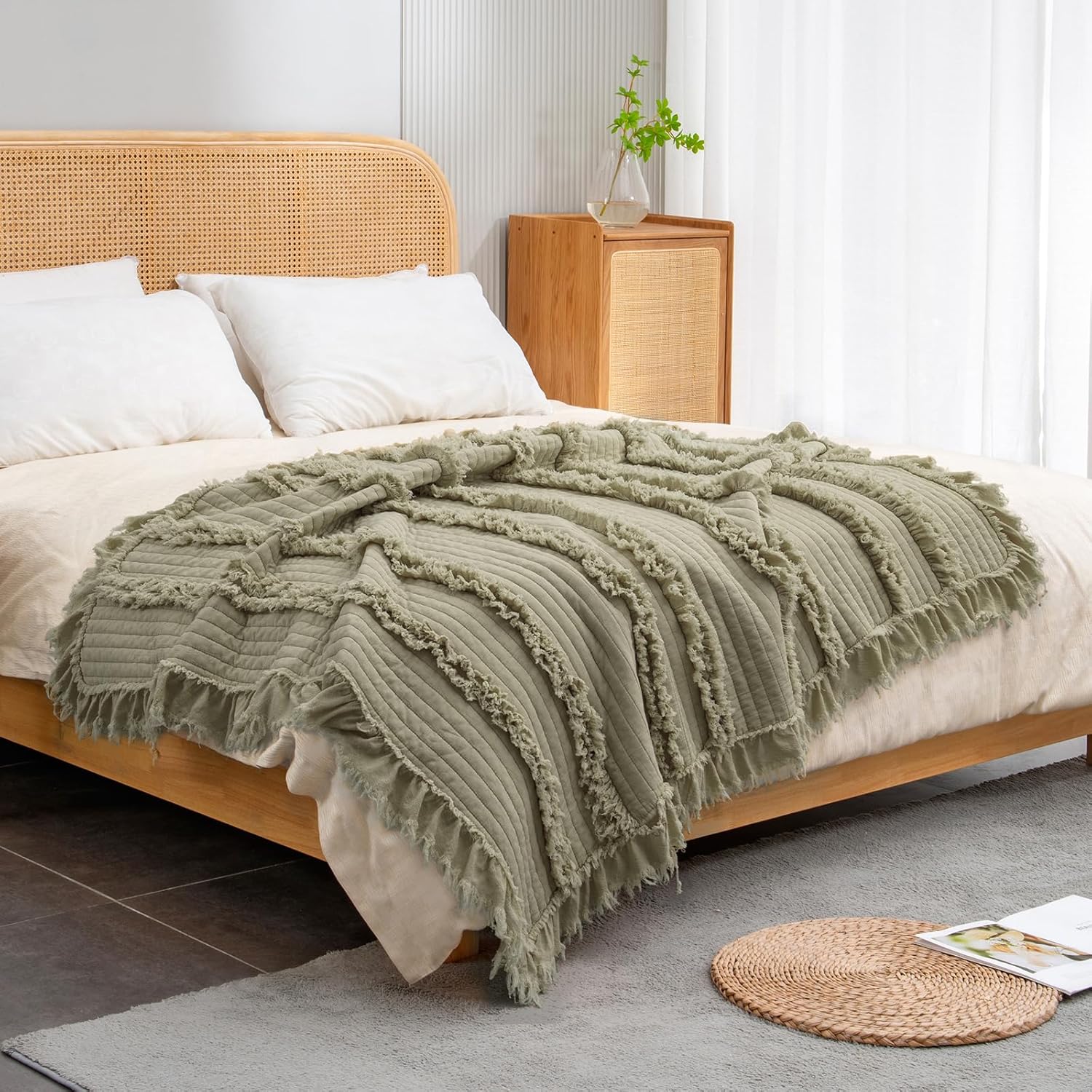 Fringed Boho Beige Throw Pillow — 50" — Green