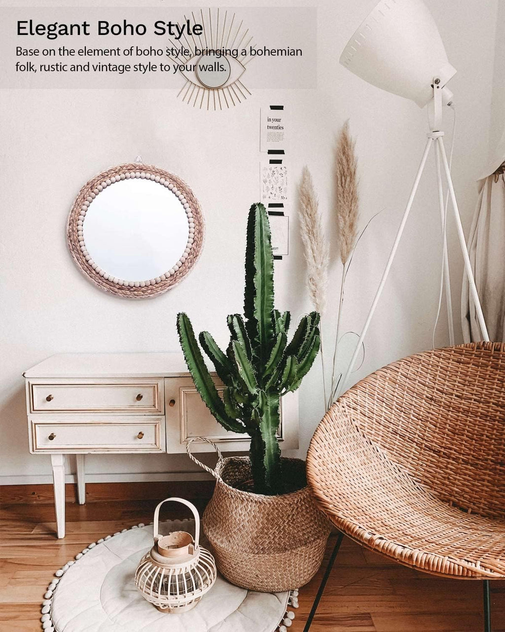 Boho Rattan Round Mirror — 15" - View 2
