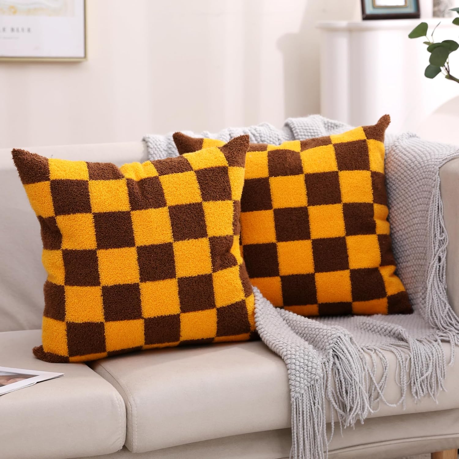 Tufted Boho Beige Throw Pillow Cover — 18" — - Caramel Brown