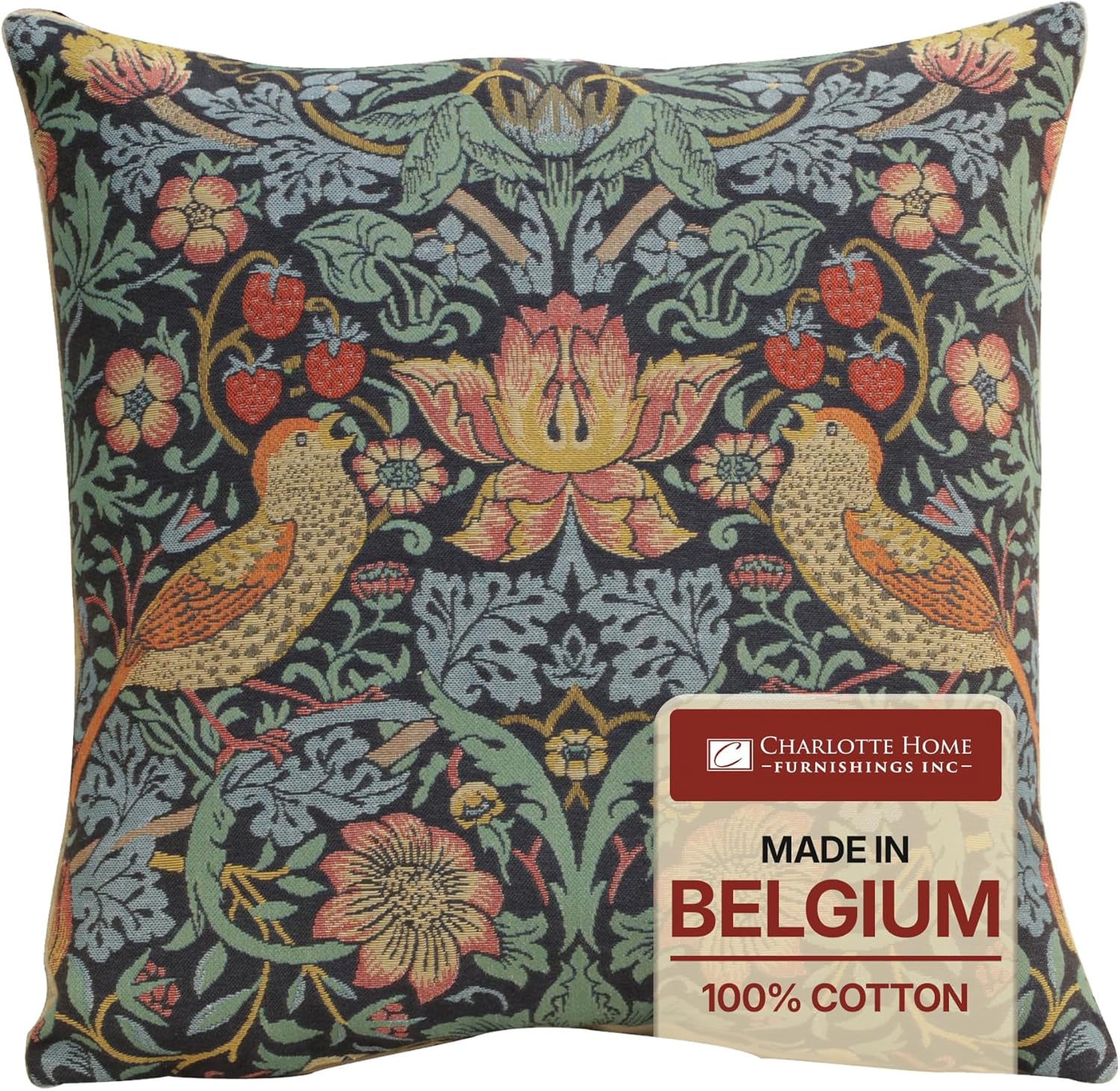 Vintage Boho Black Throw Pillow Cover — 18x18 — Blue Strawberry Thief