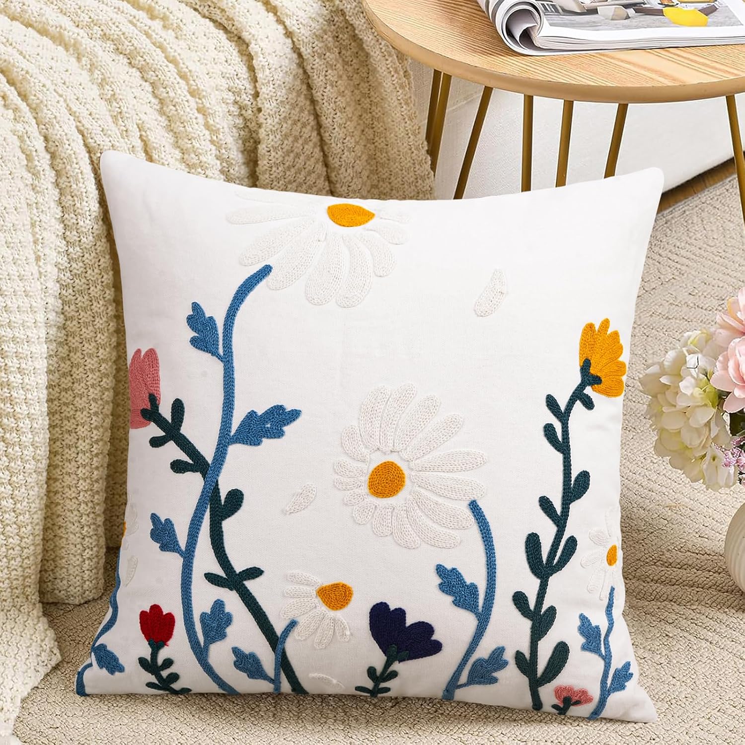 Embroidered Boho Black Throw Pillow Cover — 18" — Daisy
