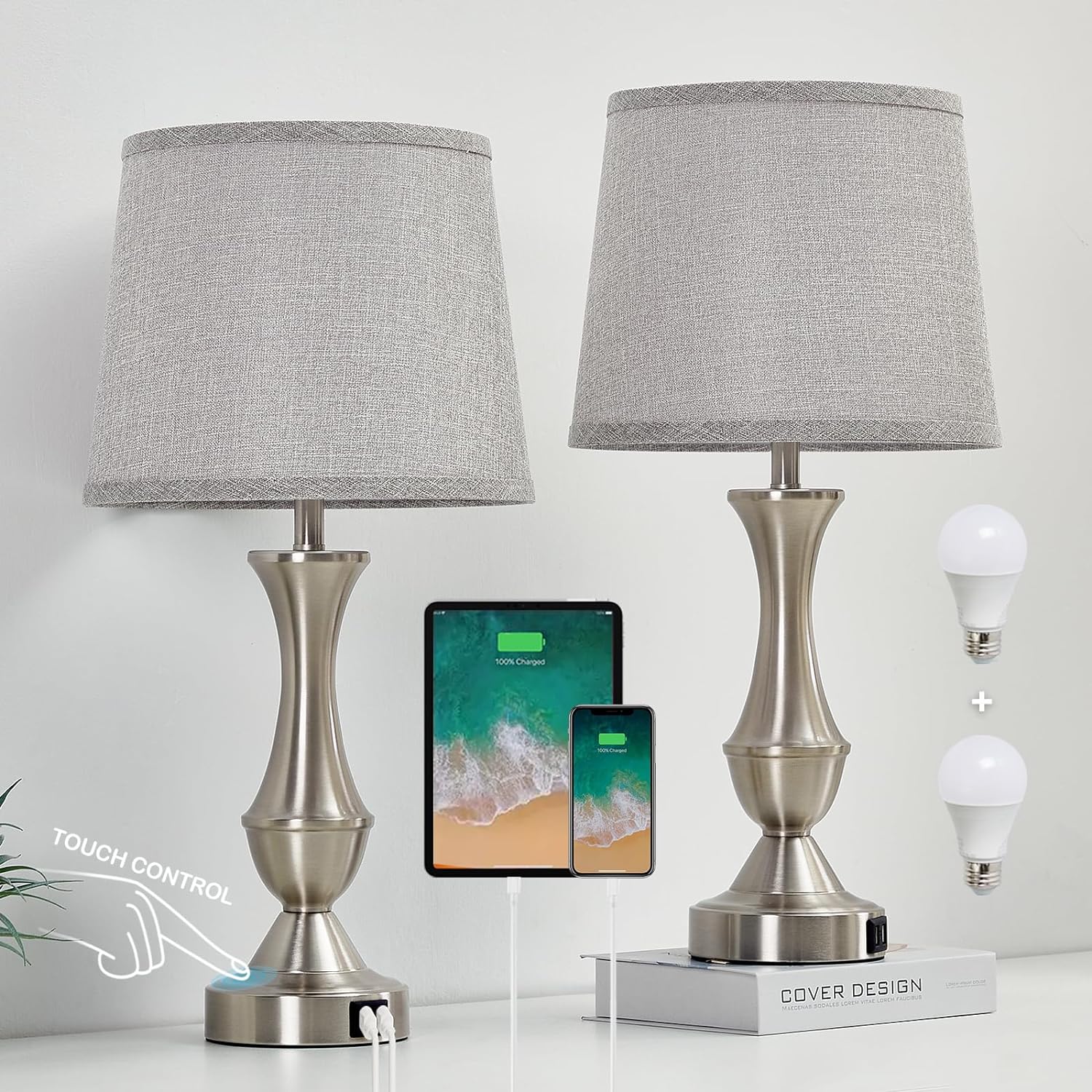 Dimmable Luxe Beige Bedside Lamp — 22" — Silver,Grey