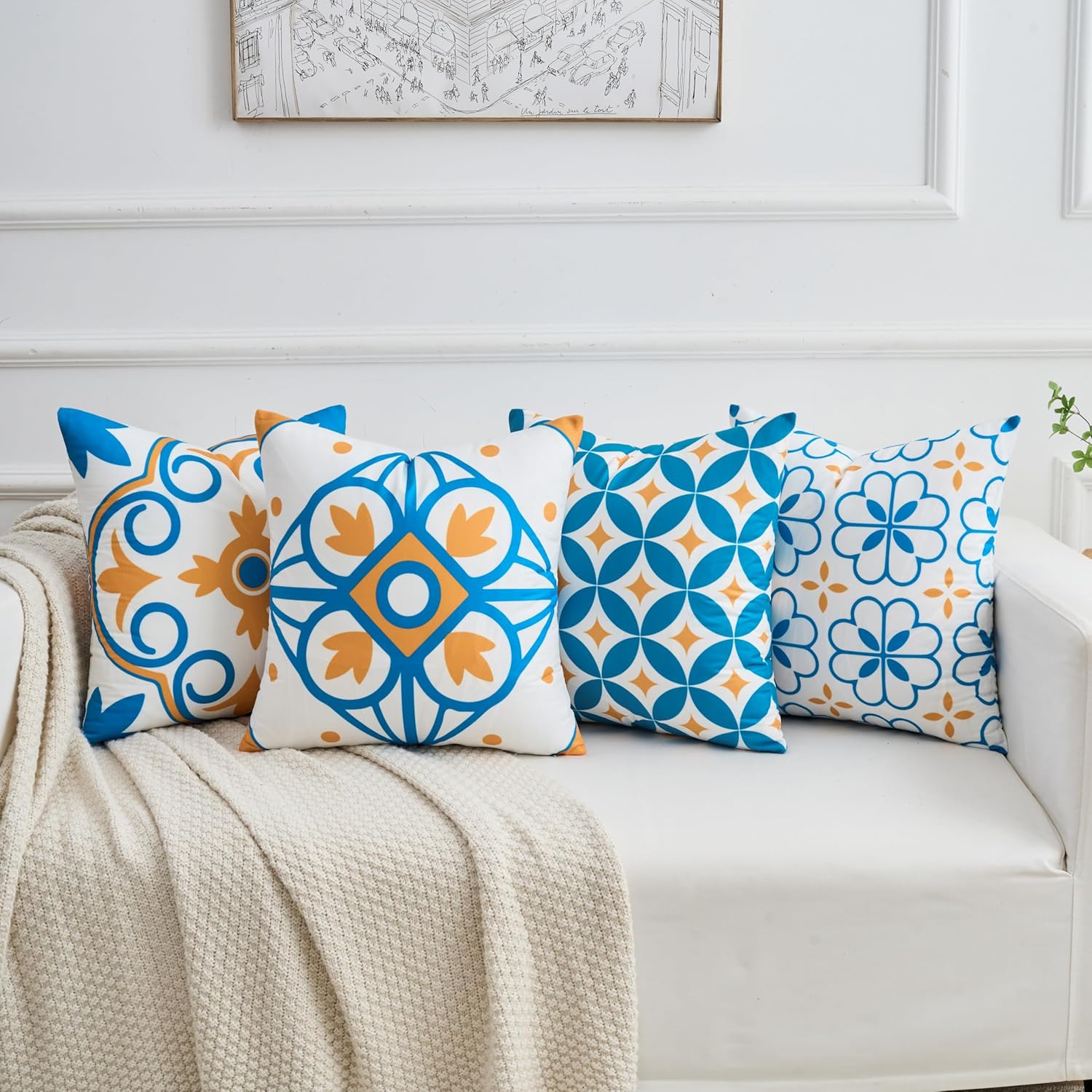 Velvet Boho Blue Throw Pillow Cover — 18" — 18" x 18" (Pack of 4)