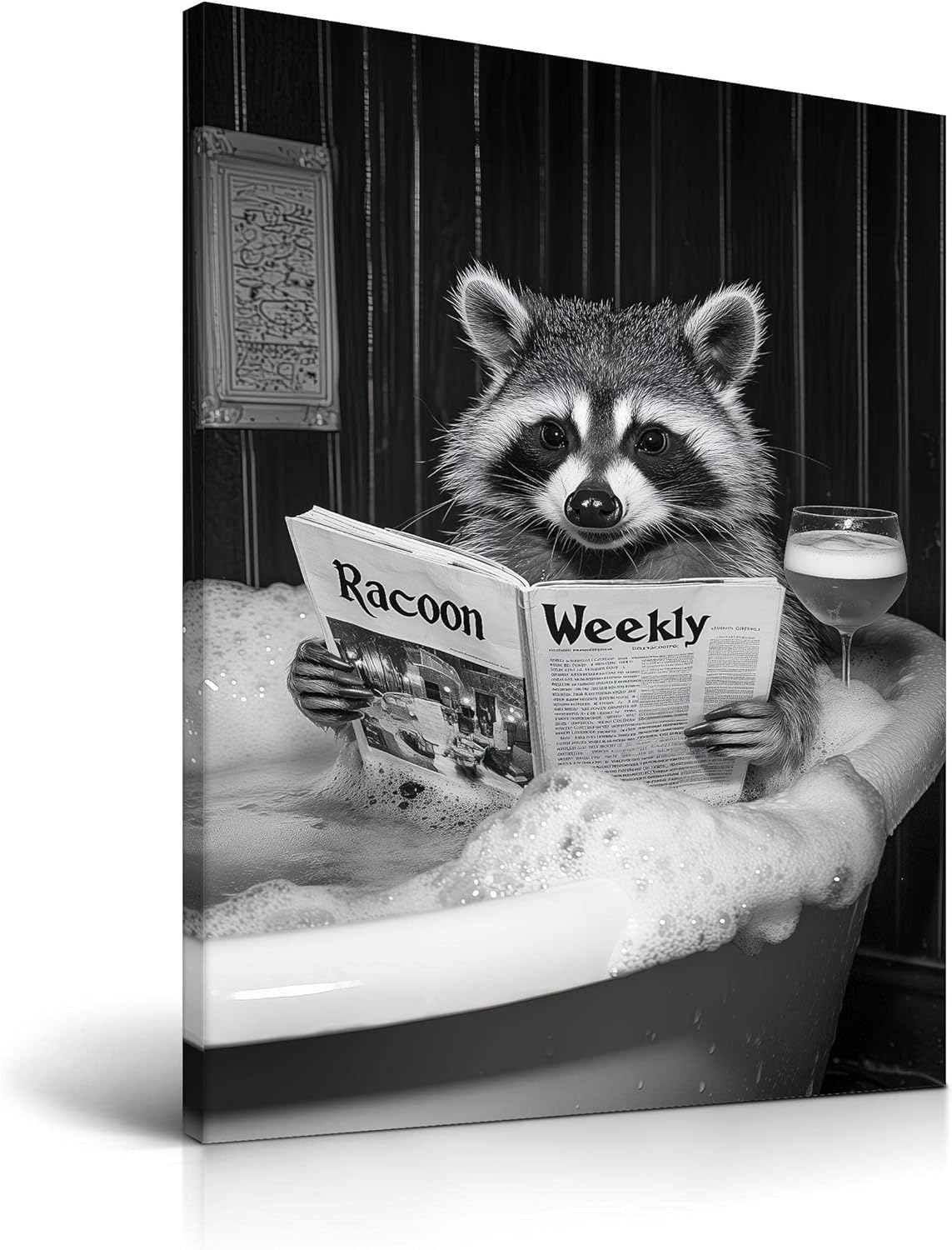 Black Framed Wall Art — 16" — Framed Raccoon Bubble Reading