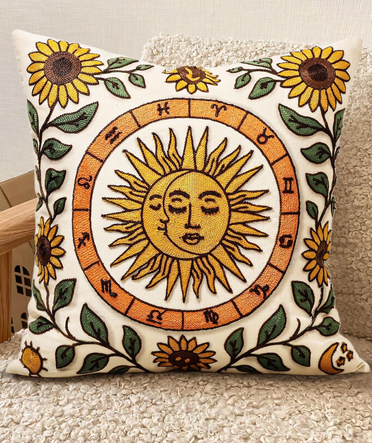 Embroidered Boho Red Throw Pillow Cover — 18" — Sunflower Moon
