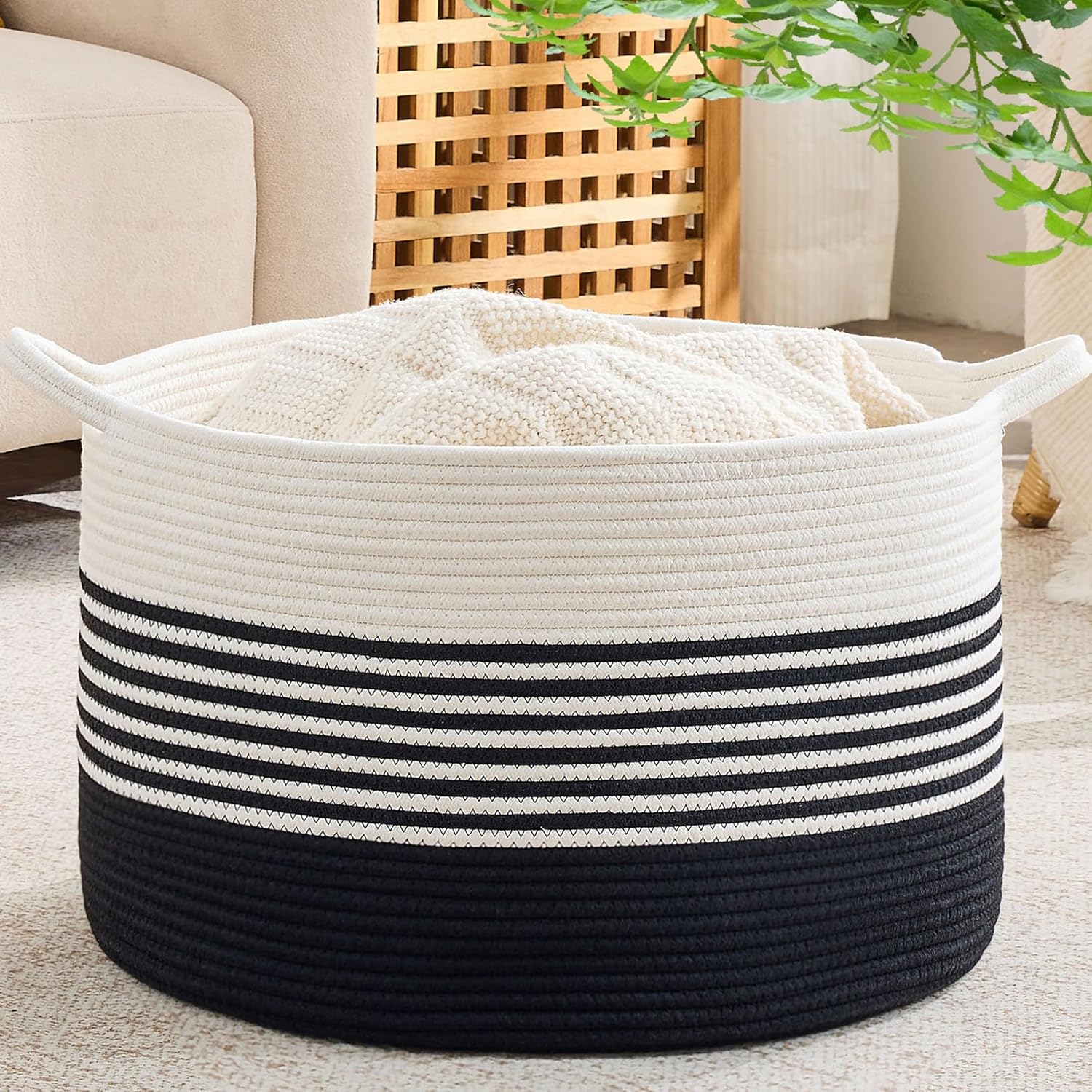 Boho Beige Throw Pillow — 20" — Black Stripe