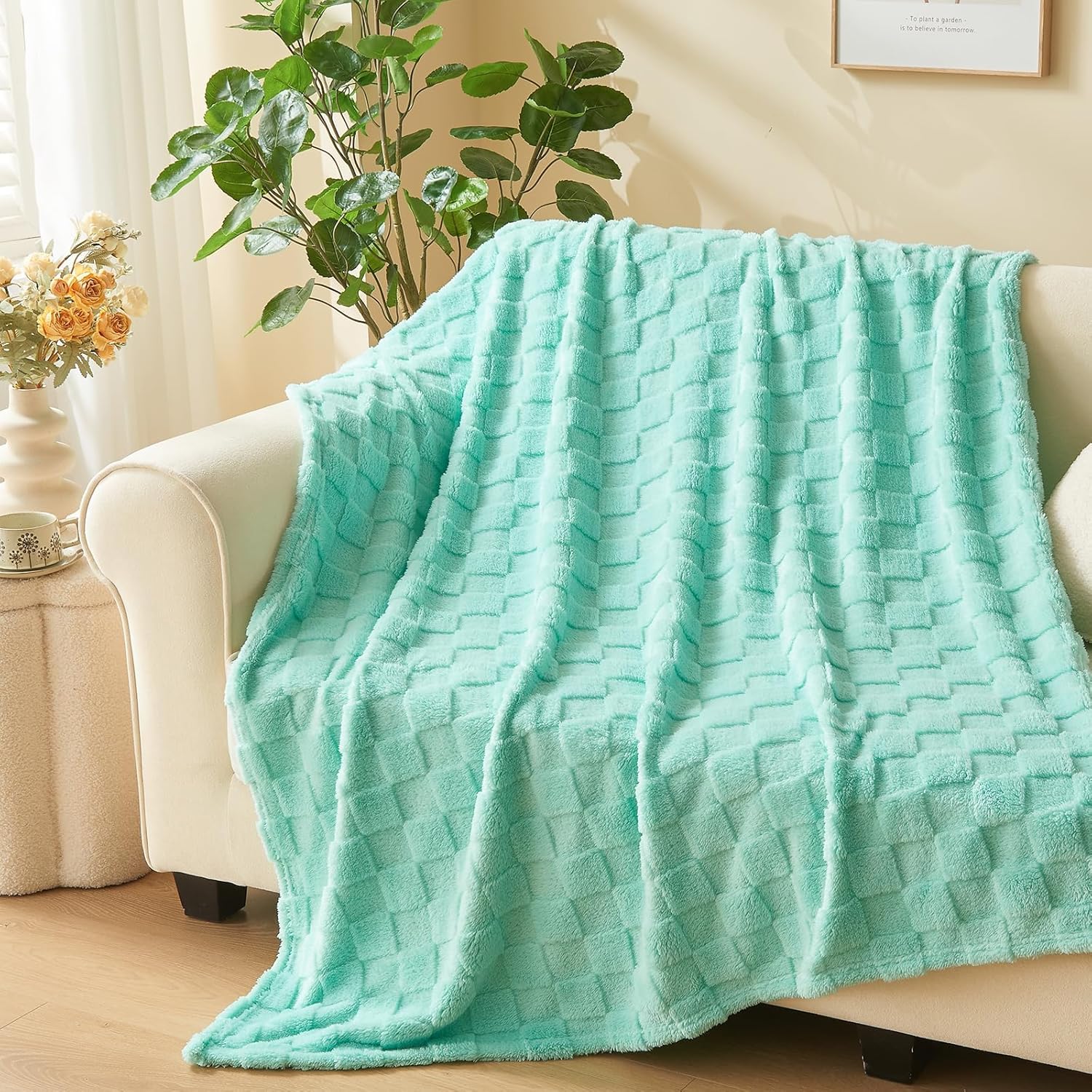 Beige Throw Pillow — 50" — Aqua Checkered