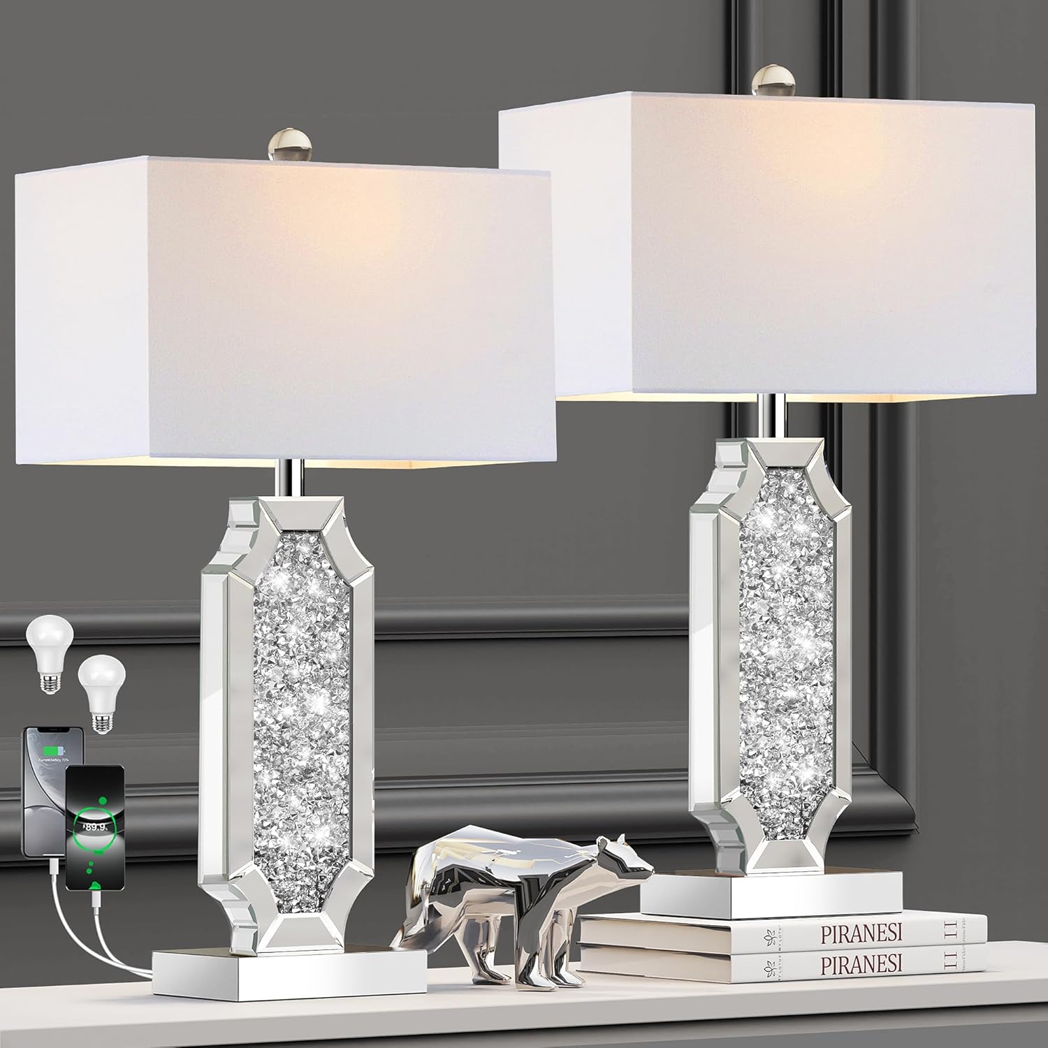 Dimmable Modern Silver Table Lamp — Set of 2 — Silver