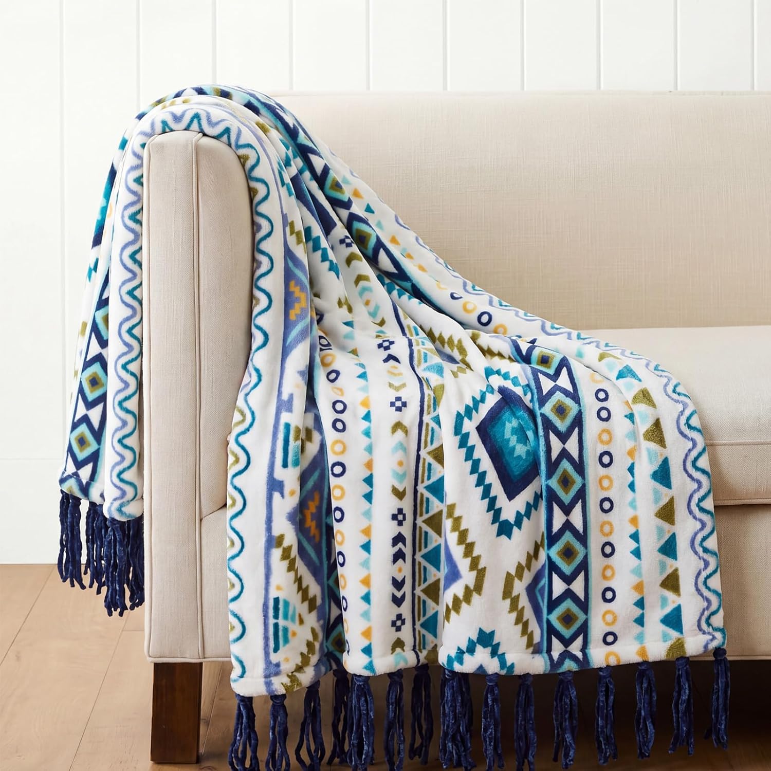 Vintage Boho Beige Throw Pillow — 60" — Blue and White