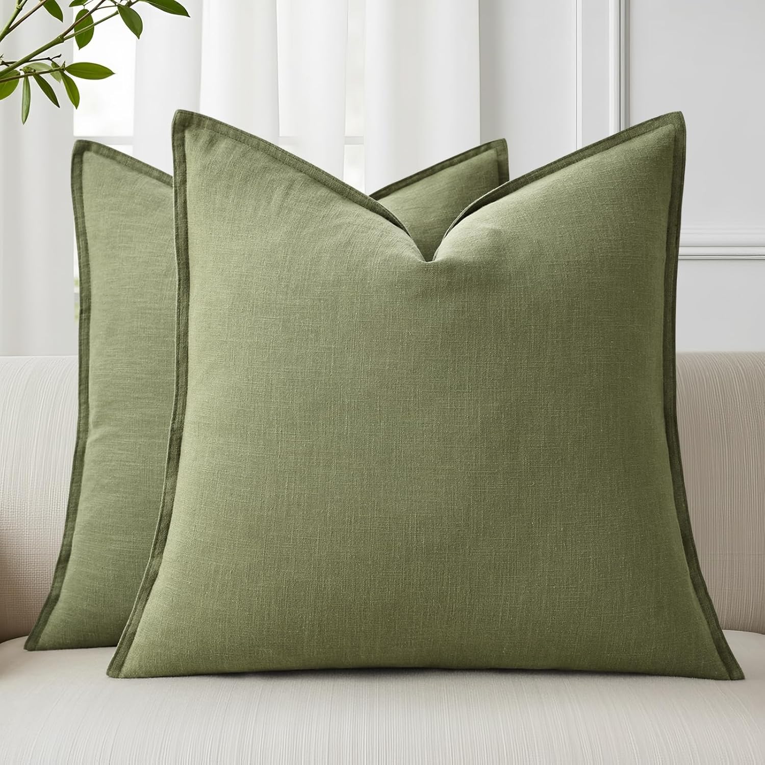 Linen Boho Beige Throw Pillow Cover — 20" — Olive Green
